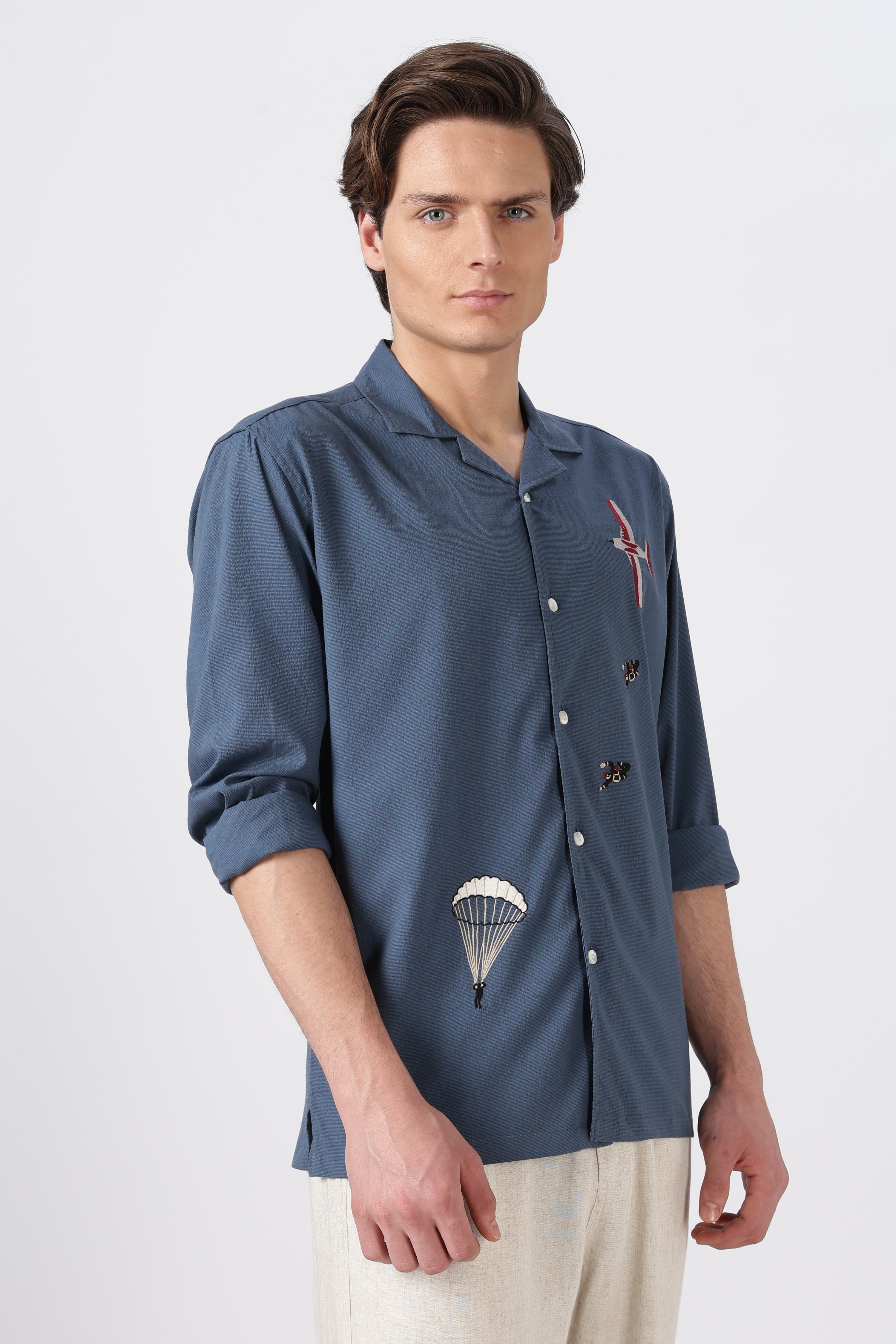 Sky Dive Cotton Box Fit Blue Bespoke Embroidery Shirt