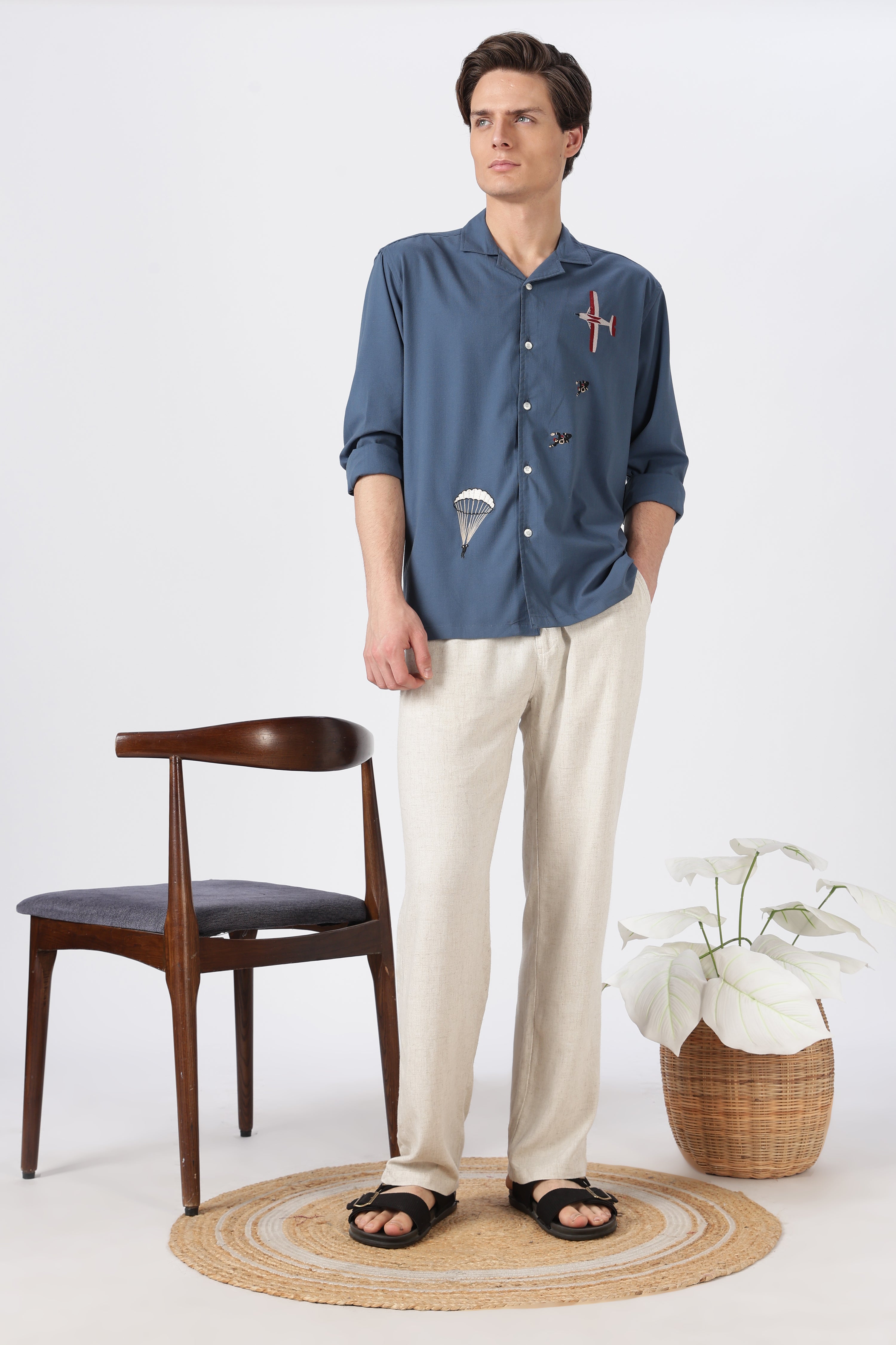 Sky Dive Cotton Box Fit Blue Bespoke Embroidery Shirt