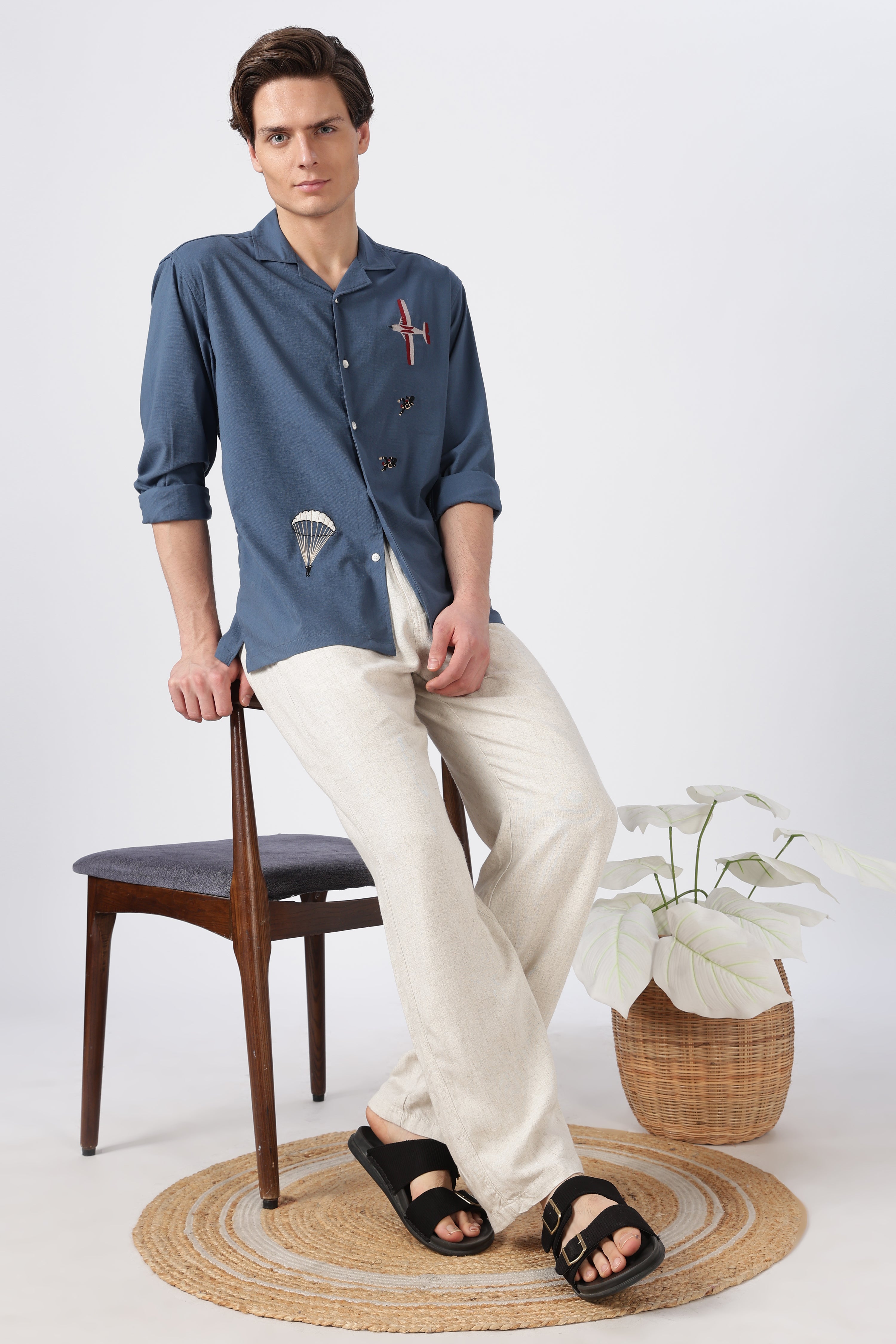 Sky Dive Cotton Box Fit Blue Bespoke Embroidery Shirt