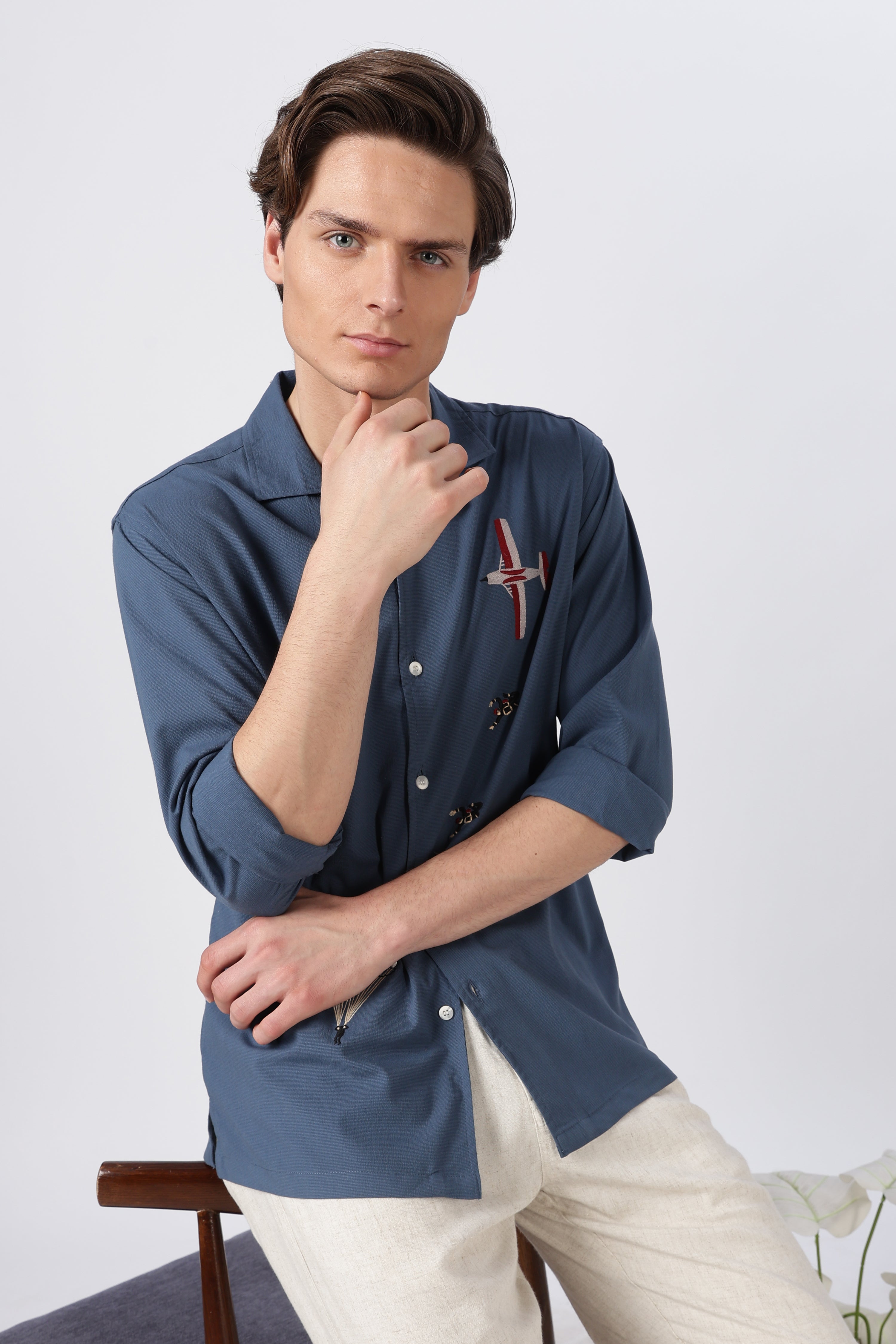 Sky Dive Cotton Box Fit Blue Bespoke Embroidery Shirt