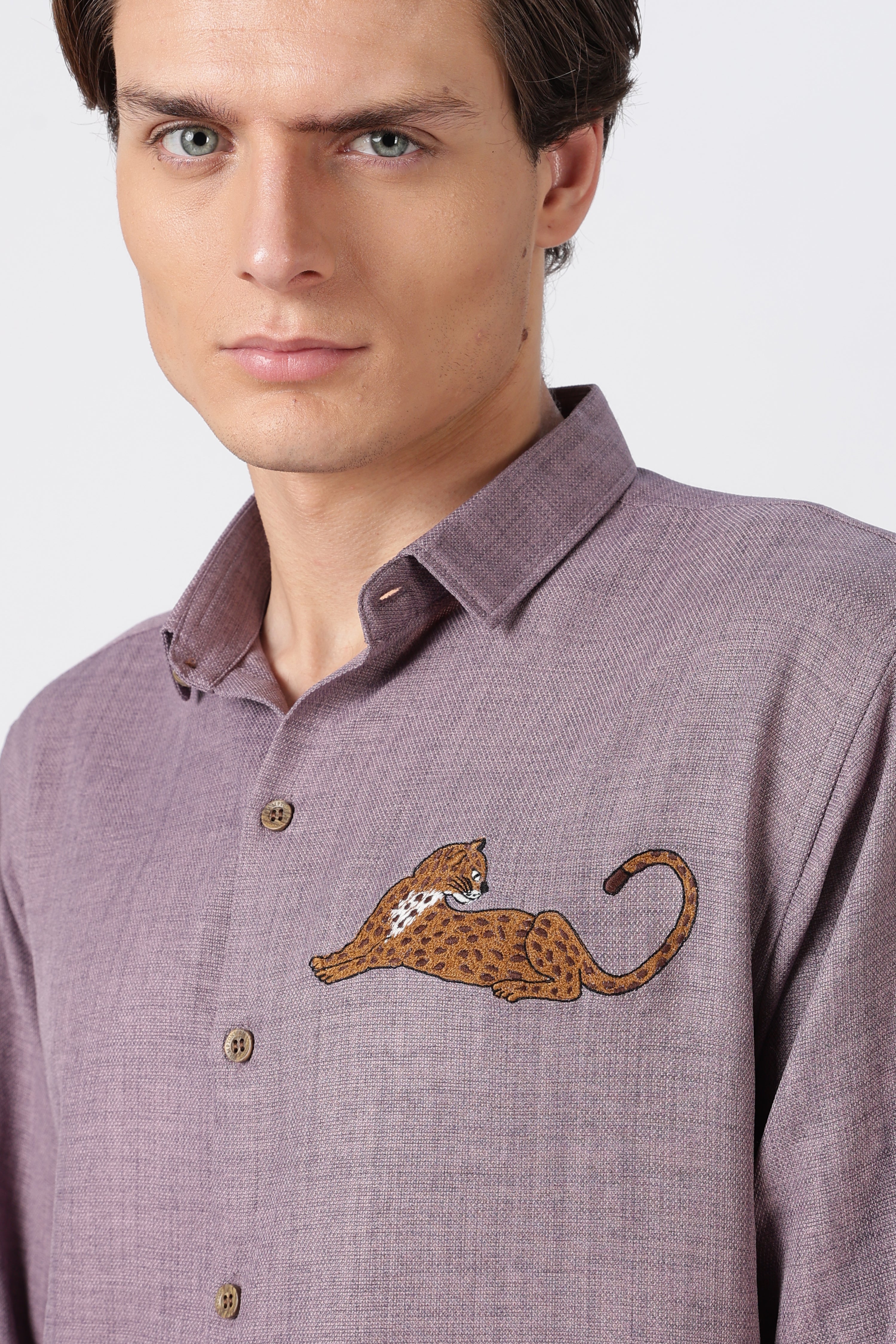 Leaping Leopard Cotton Regular Fit Mauve Embroidered Shirt
