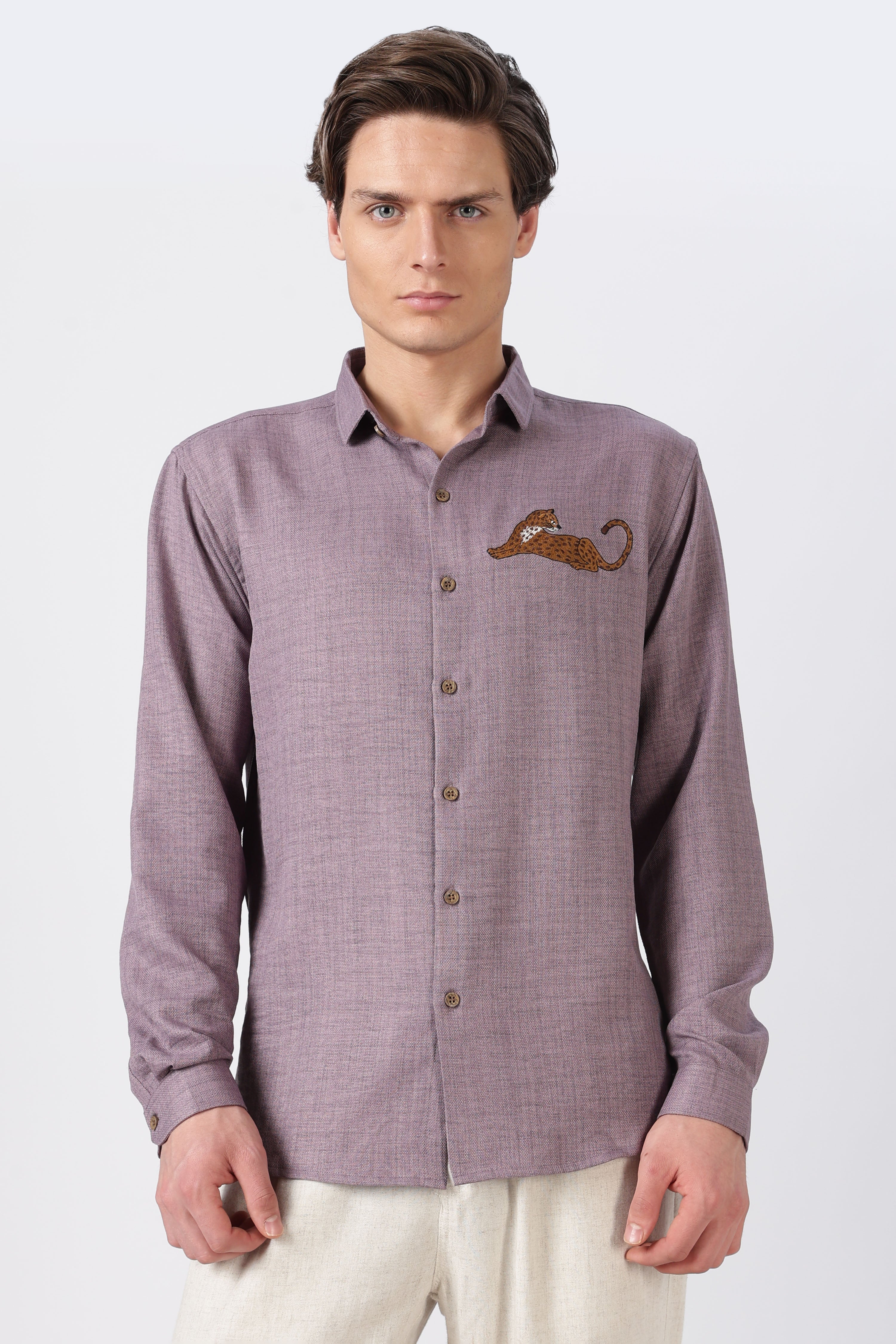 Leaping Leopard Cotton Regular Fit Mauve Embroidered Shirt