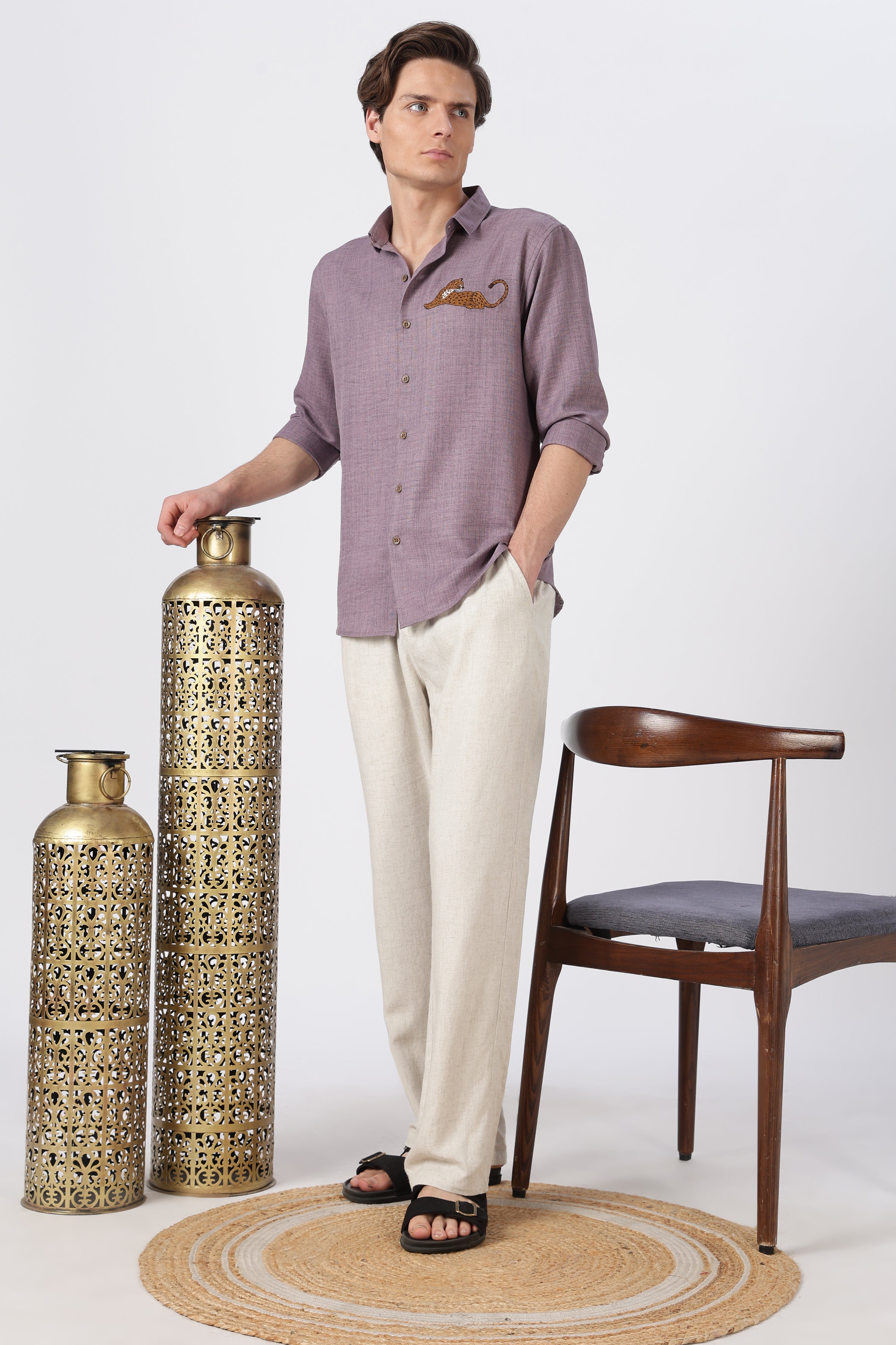 Leaping Leopard Cotton Regular Fit Mauve Embroidered Shirt