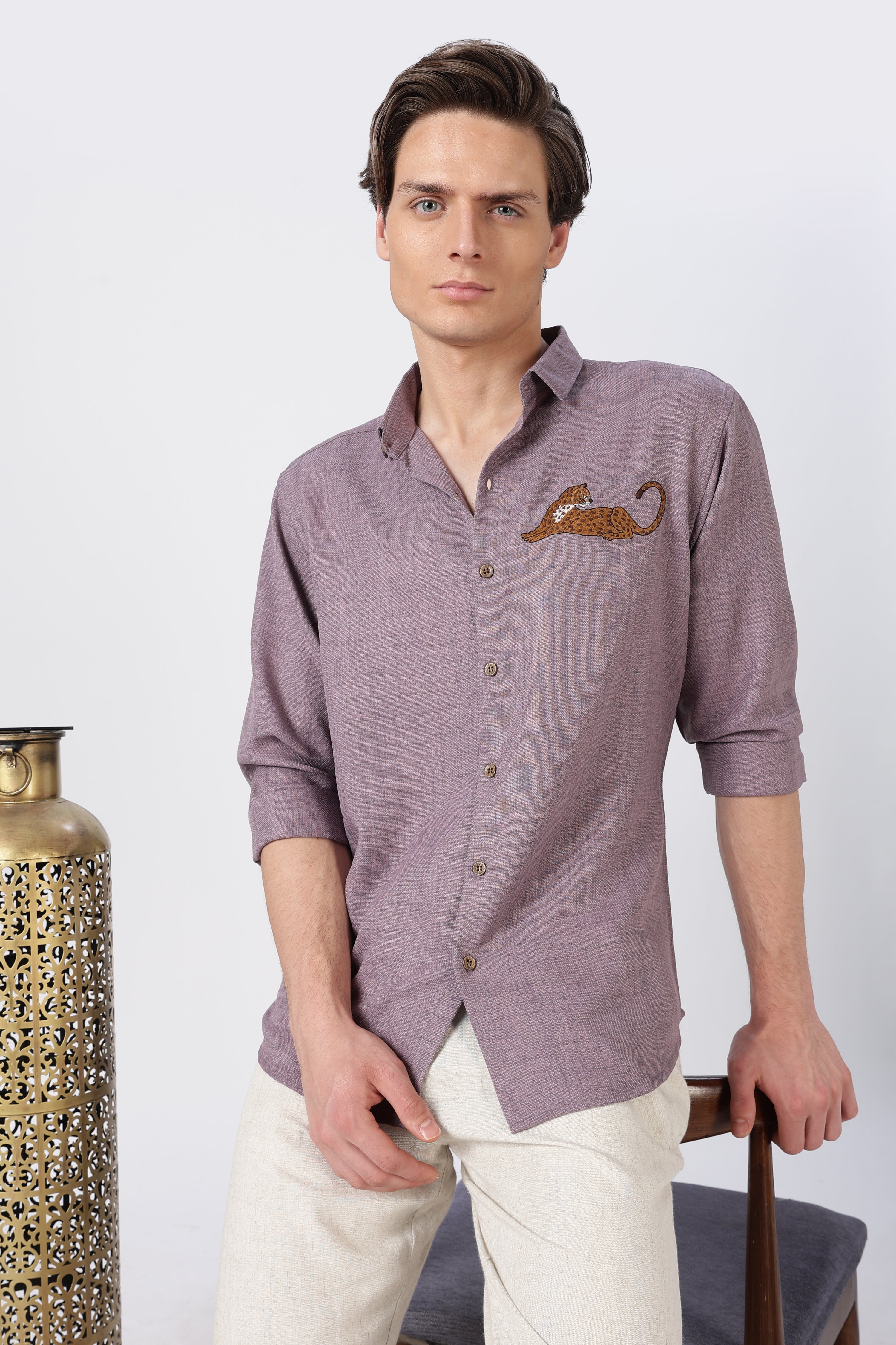 Leaping Leopard Cotton Regular Fit Mauve Embroidered Shirt