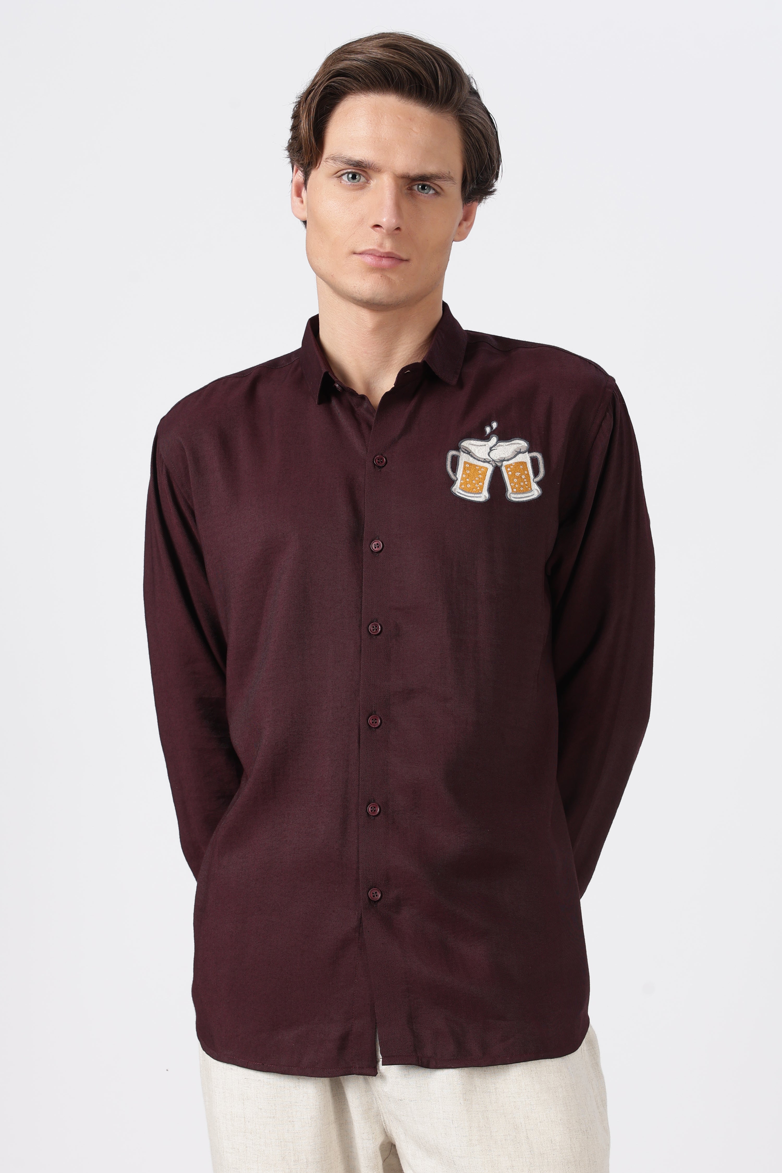 Beer Boys Fav Cotton Regular Fit Brown Embroidered Shirt