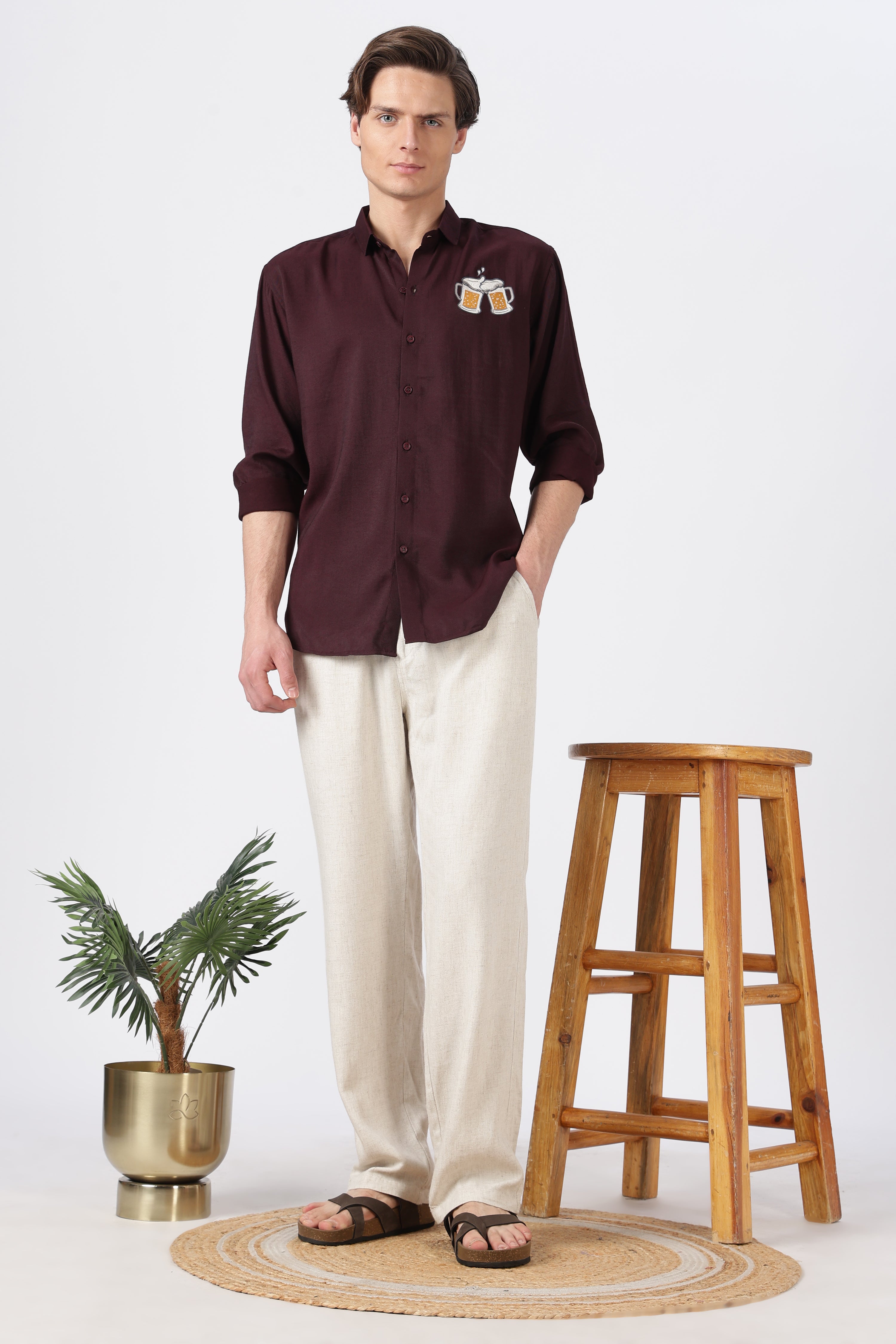 Beer Boys Fav Cotton Regular Fit Brown Embroidered Shirt