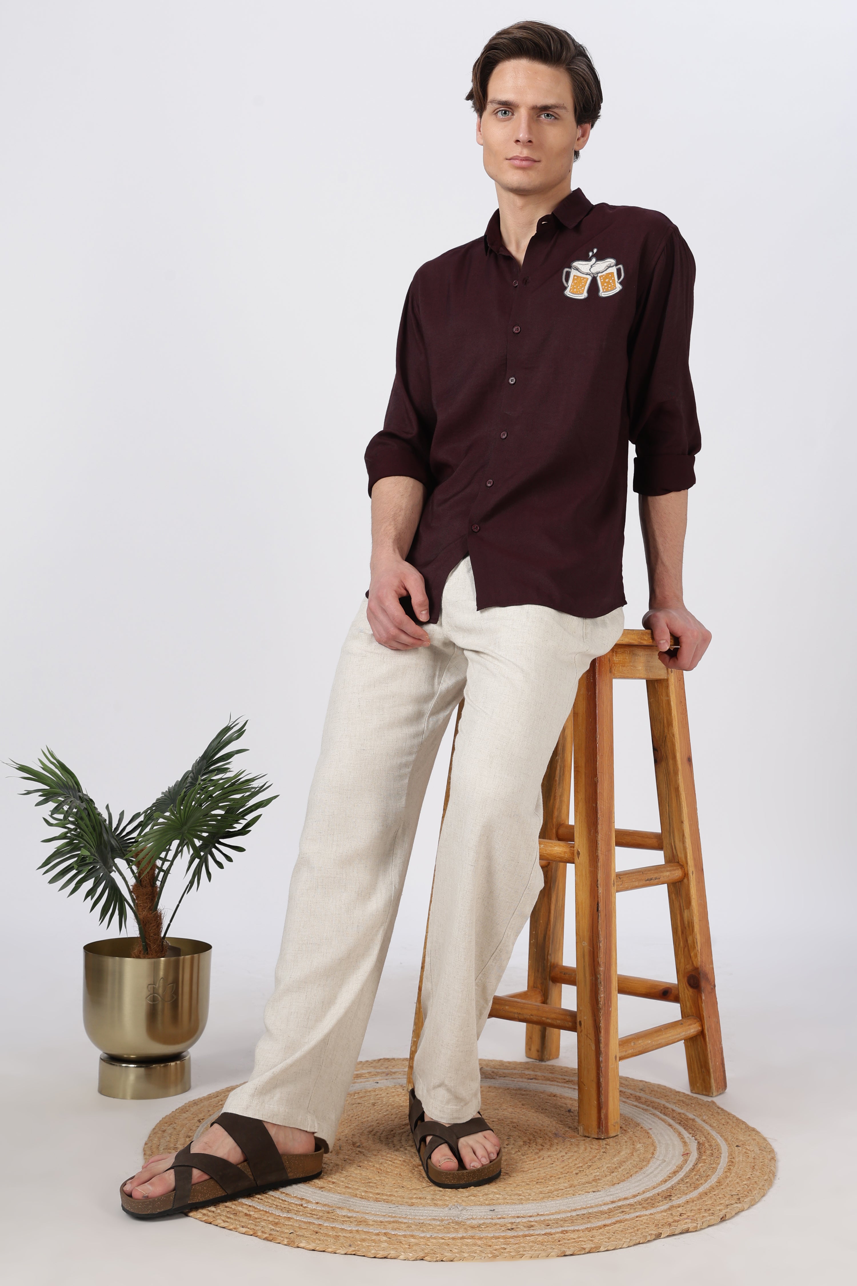 Beer Boys Fav Cotton Regular Fit Brown Embroidered Shirt