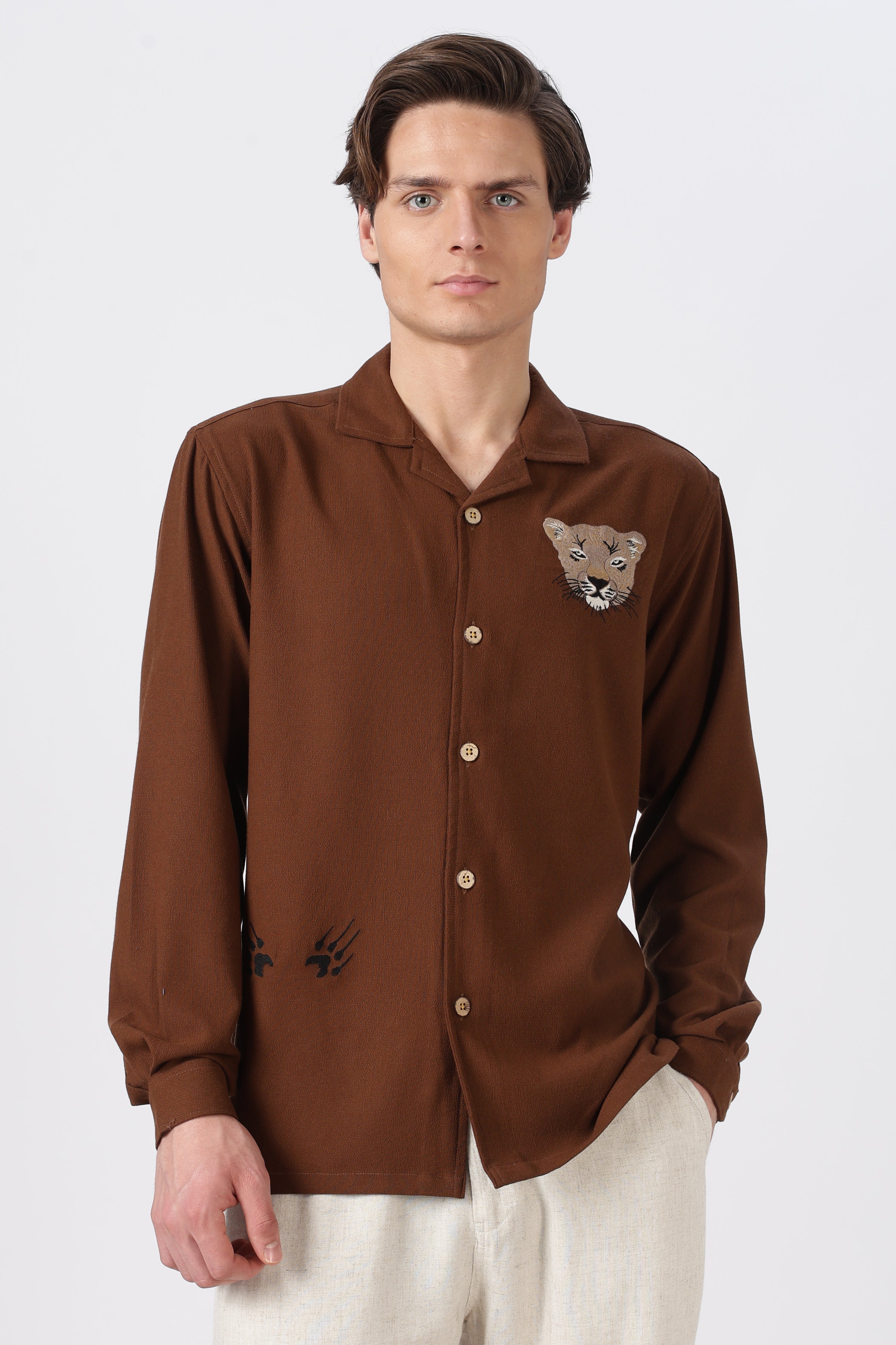 Desert Prowl Cotton Box Fit Brown Embroidered Shirt