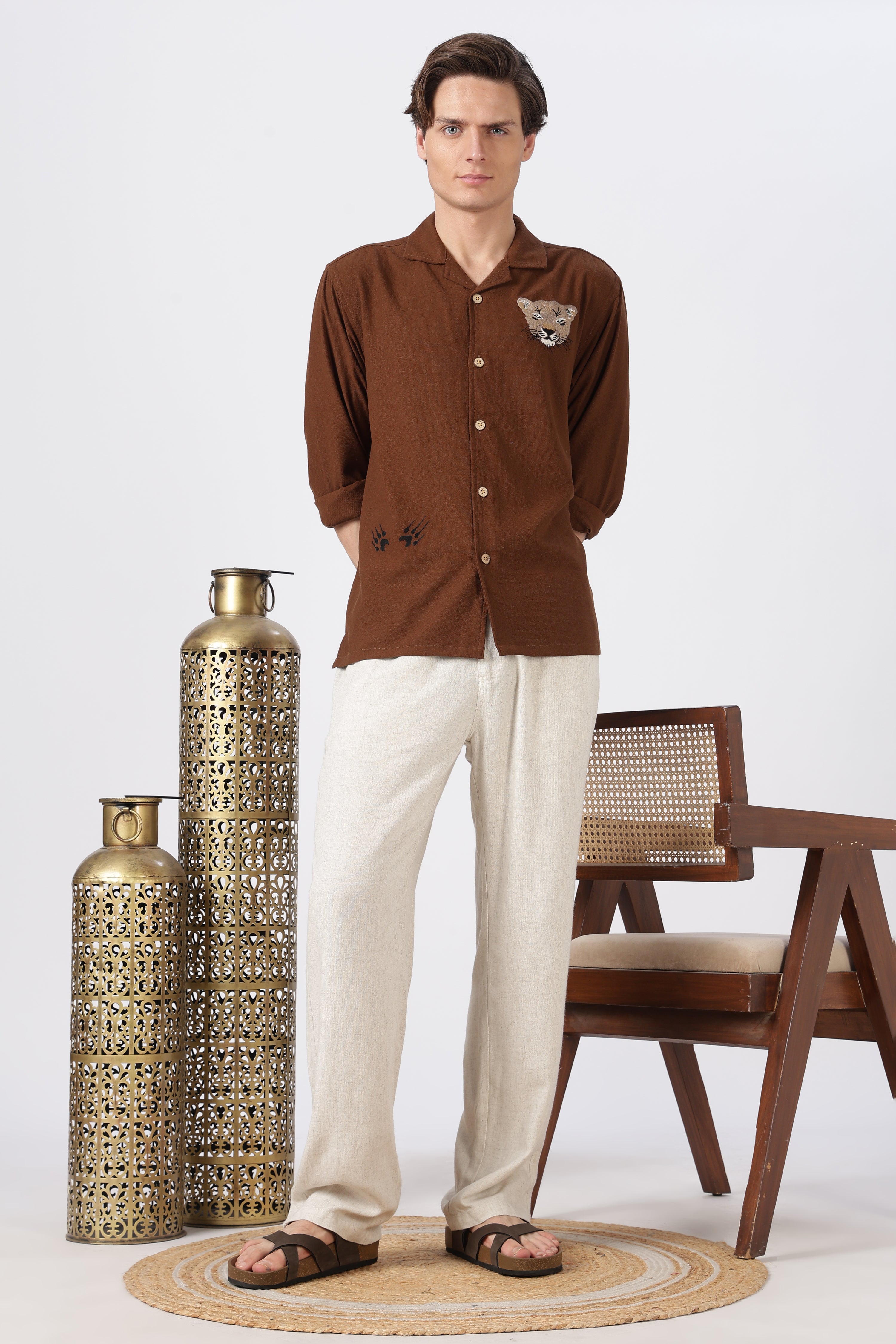 Desert Prowl Cotton Box Fit Brown Embroidered Shirt