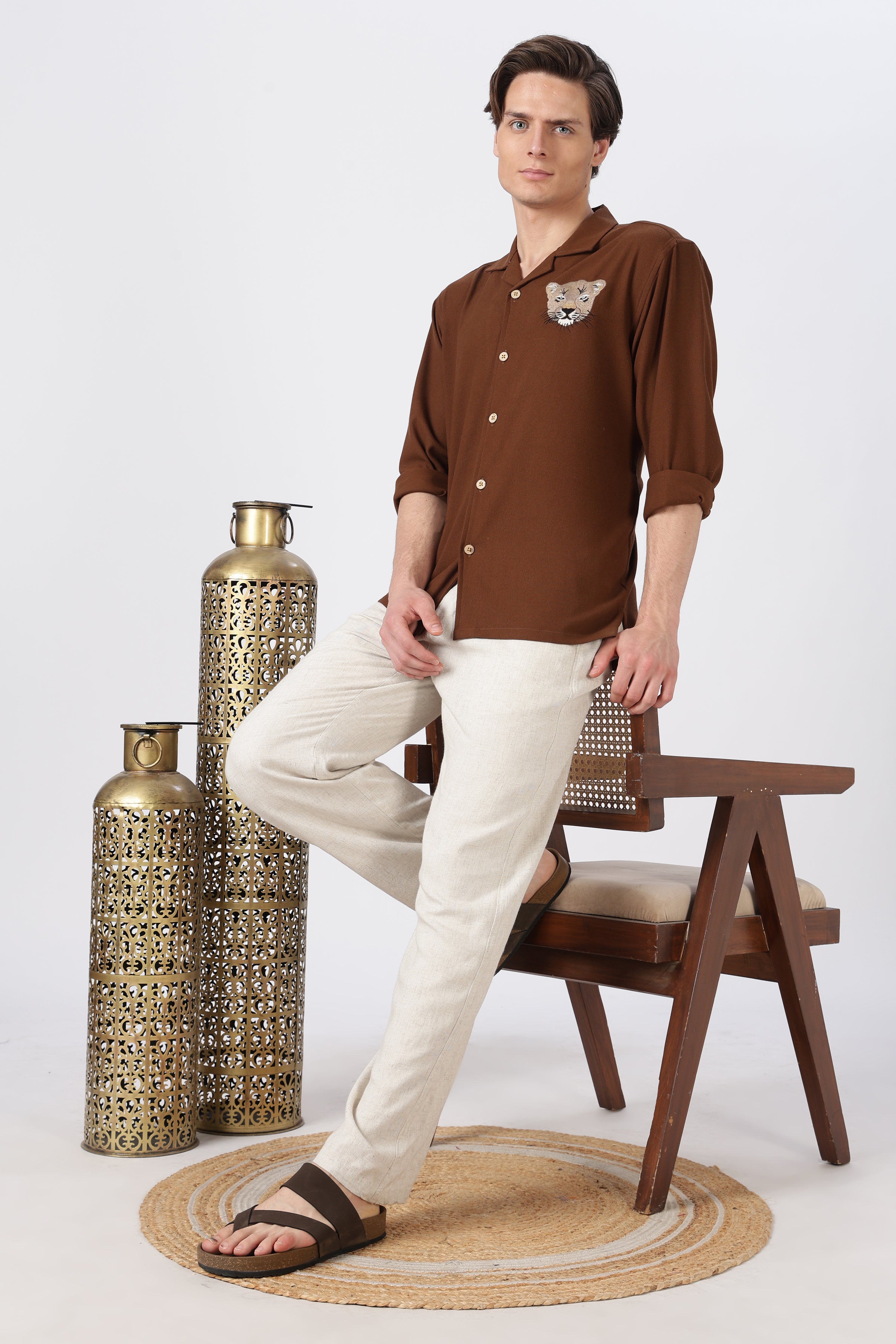 Desert Prowl Cotton Box Fit Brown Embroidered Shirt