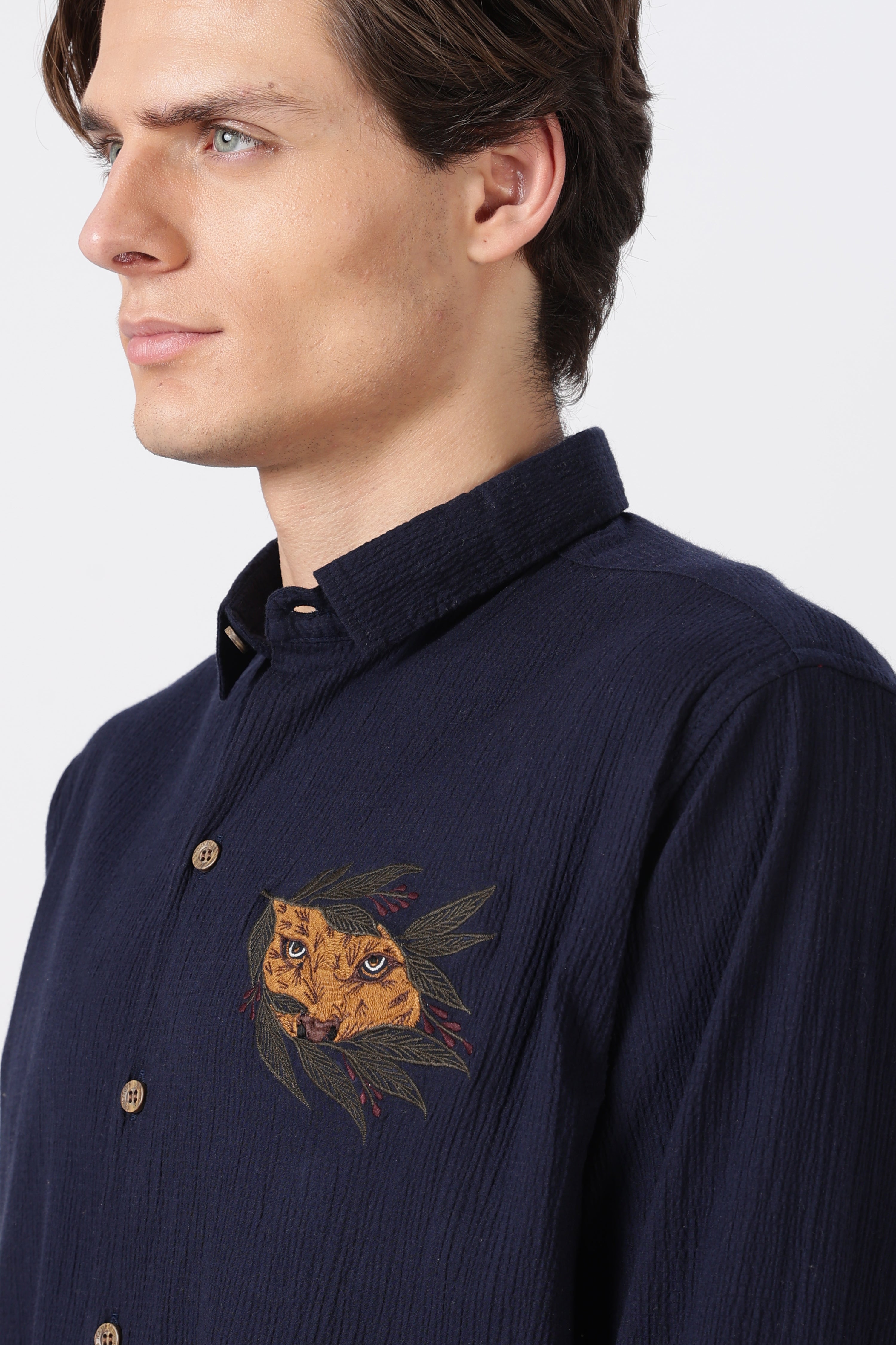 Striking Tiger Cotton Regular Fit Blue Embroidered Shirt