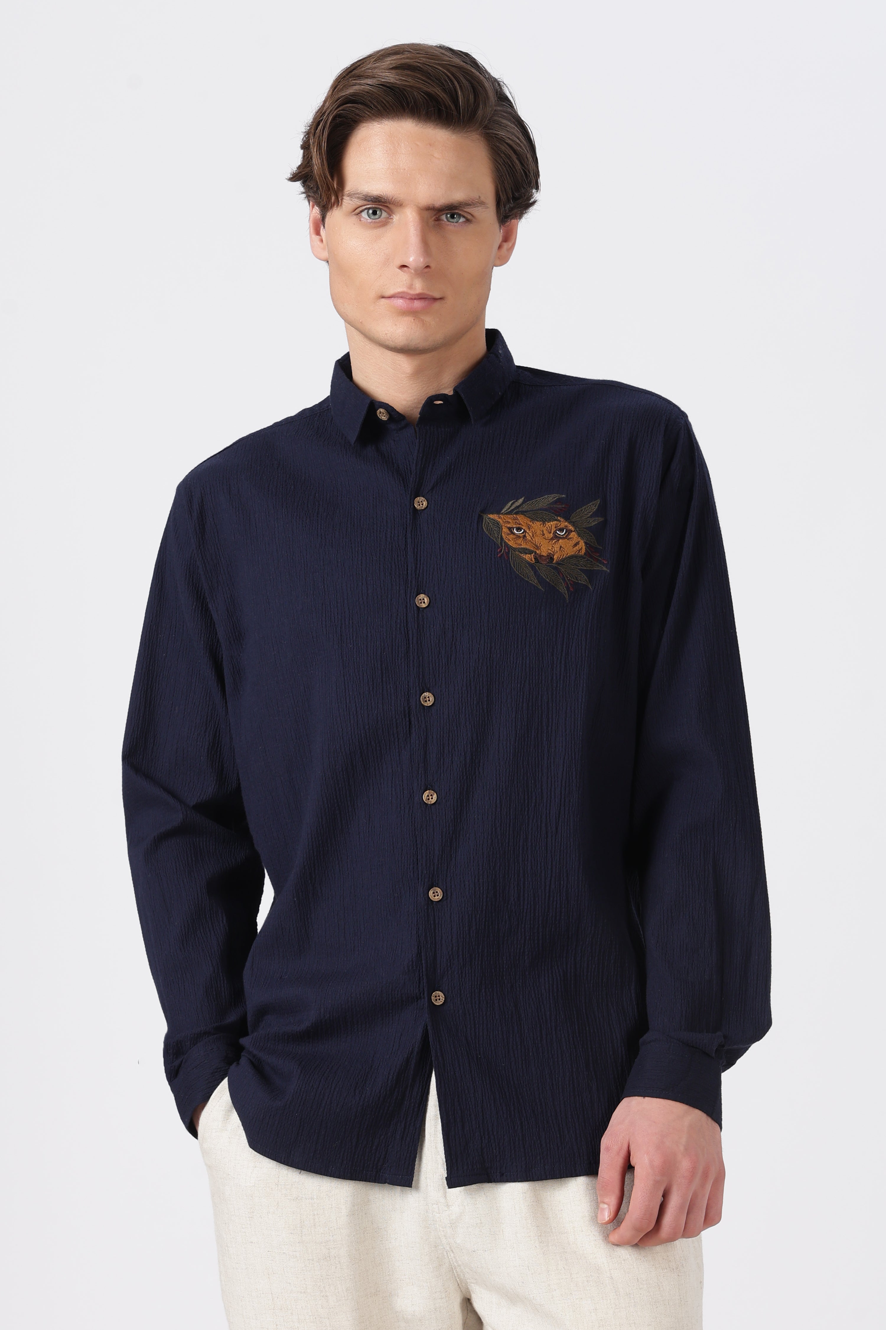 Striking Tiger Cotton Regular Fit Blue Embroidered Shirt