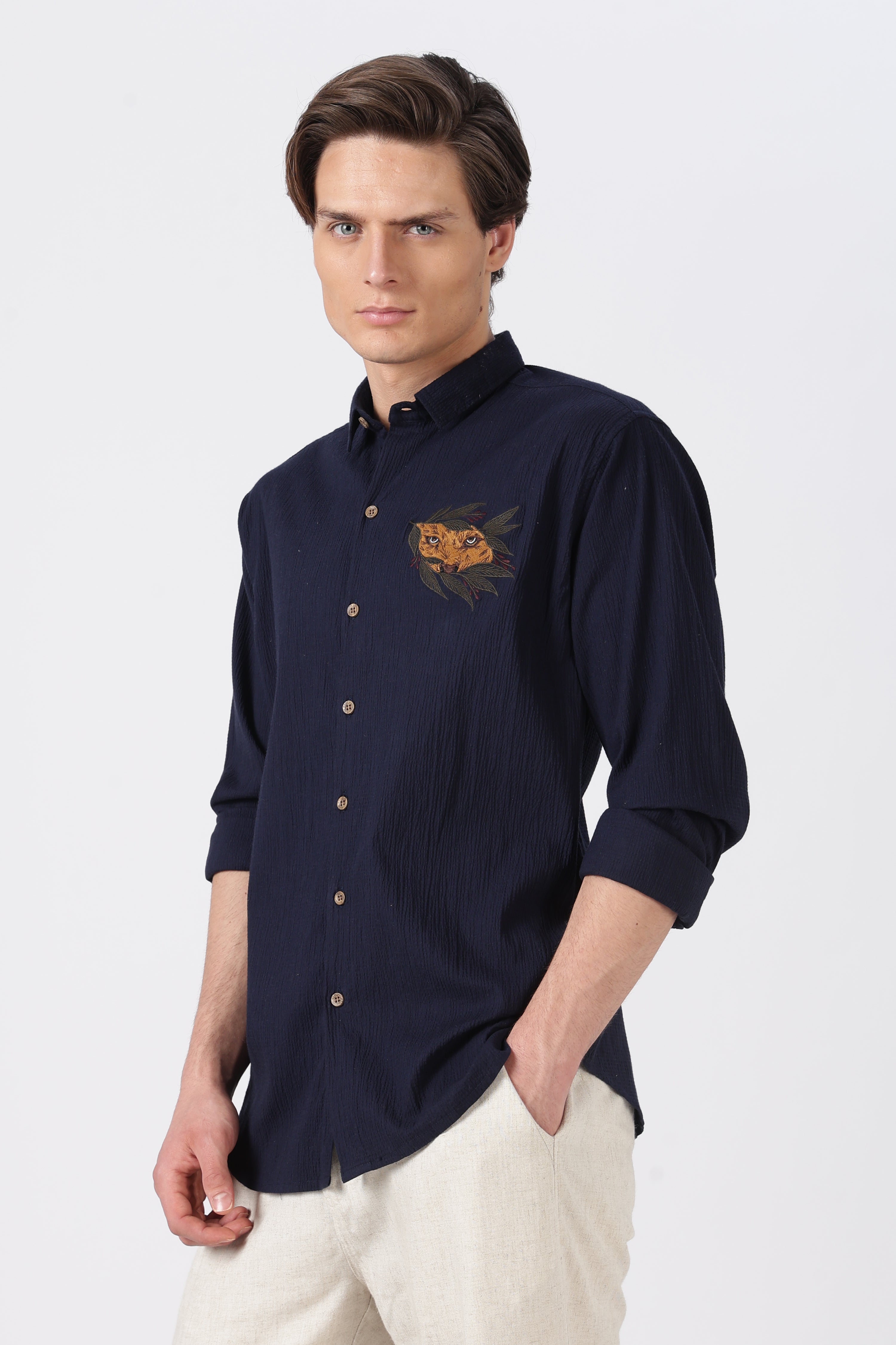 Striking Tiger Cotton Regular Fit Blue Embroidered Shirt