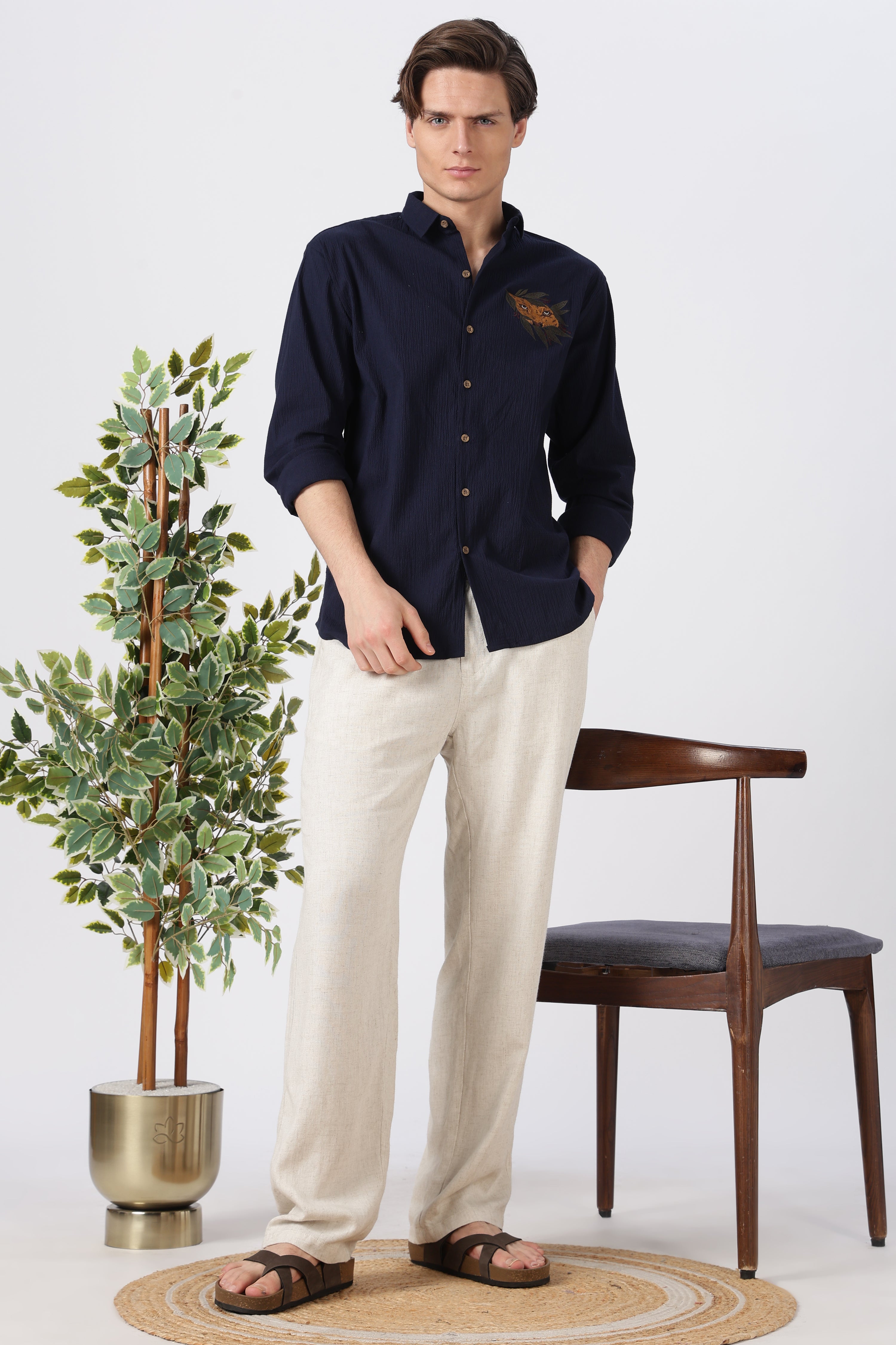 Striking Tiger Cotton Regular Fit Blue Embroidered Shirt