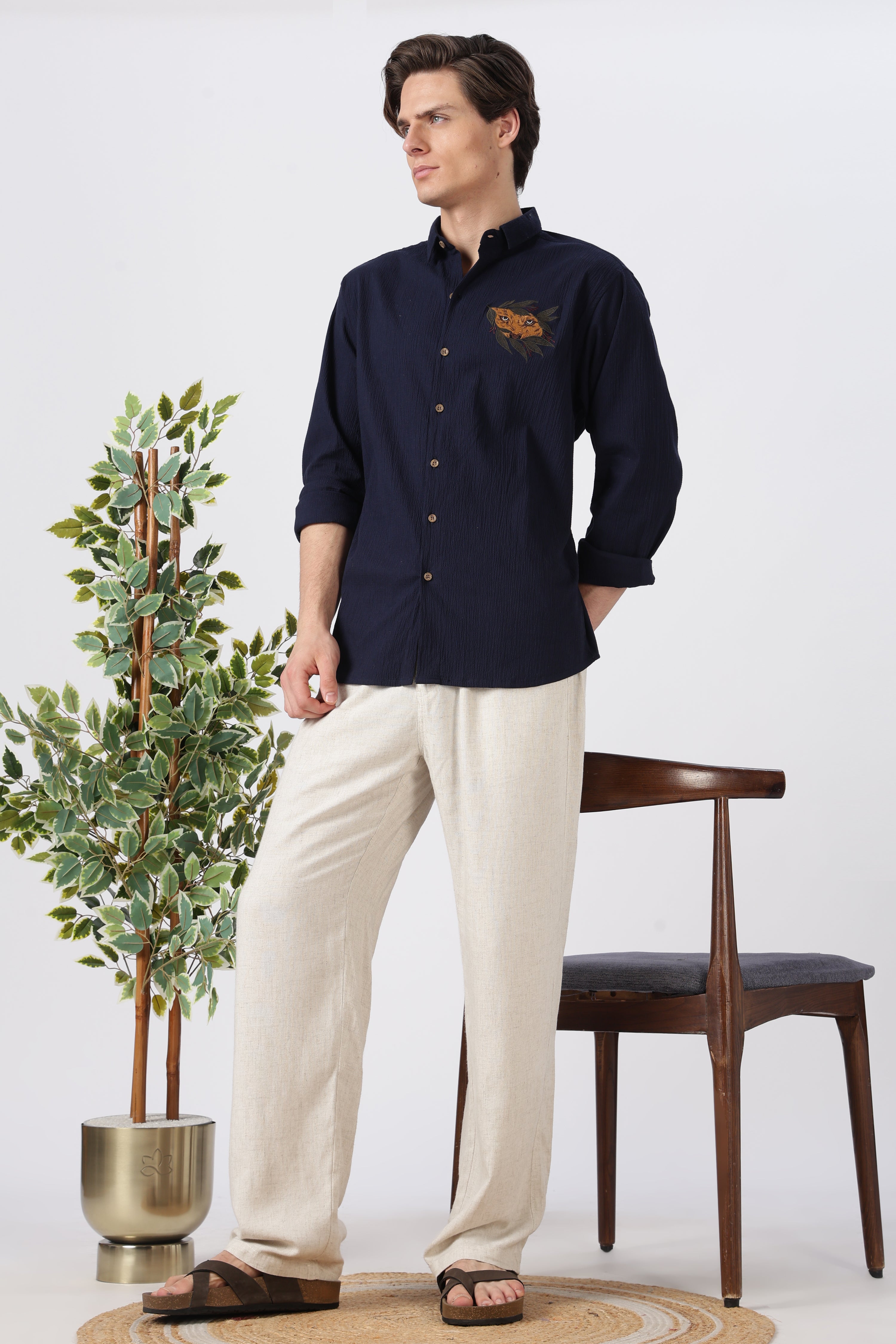 Striking Tiger Cotton Regular Fit Blue Embroidered Shirt