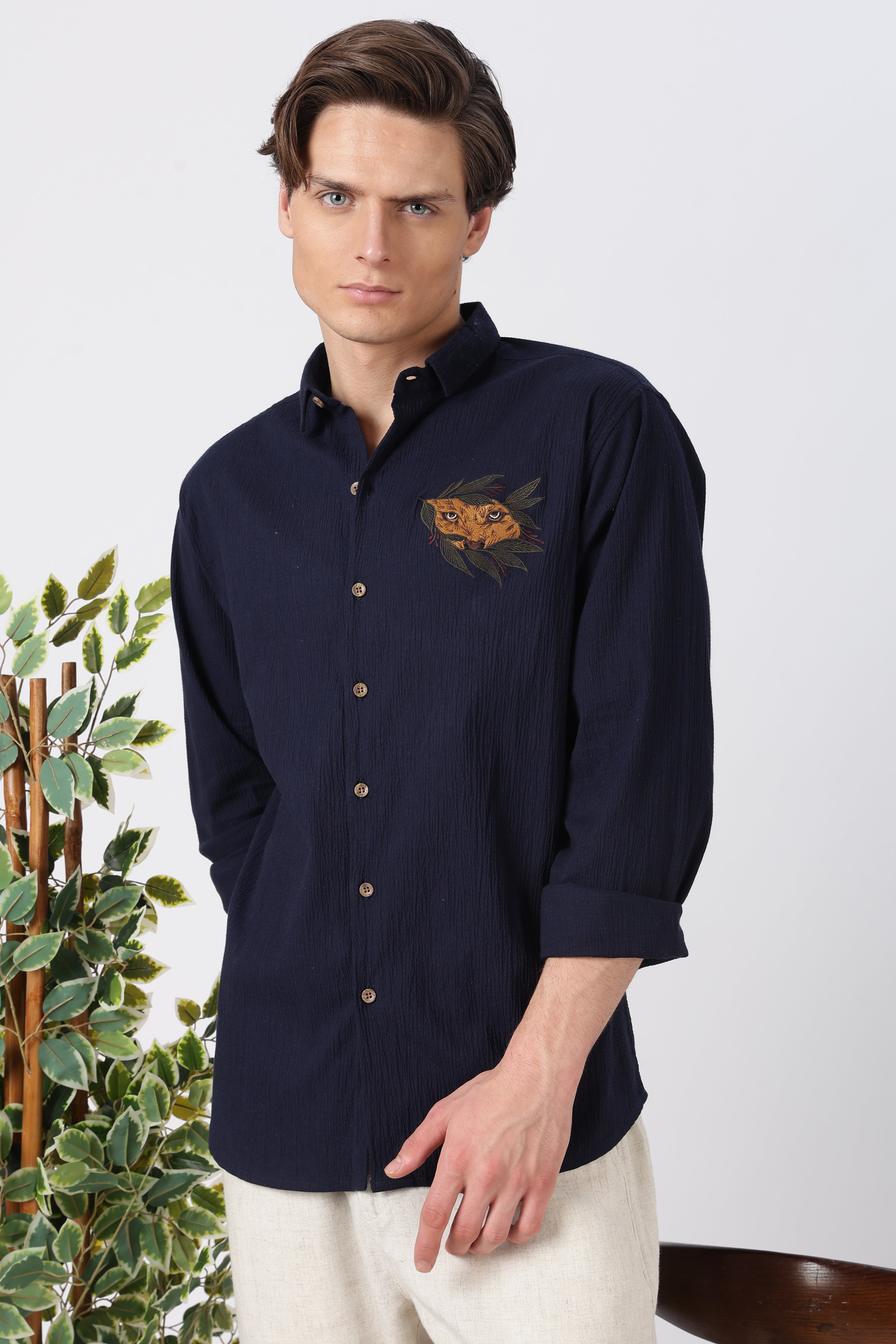 Striking Tiger Cotton Regular Fit Blue Embroidered Shirt