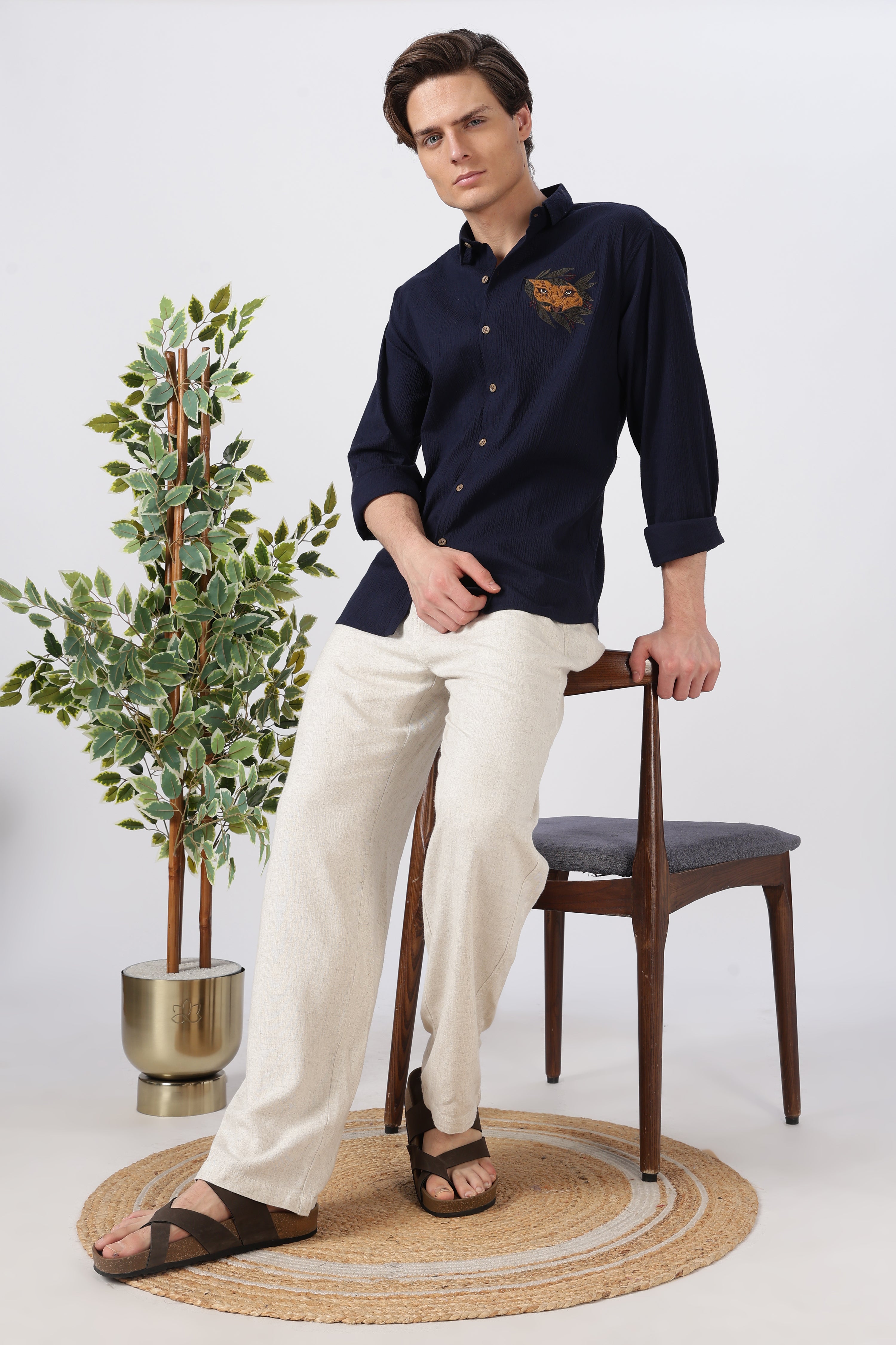 Striking Tiger Cotton Regular Fit Blue Embroidered Shirt