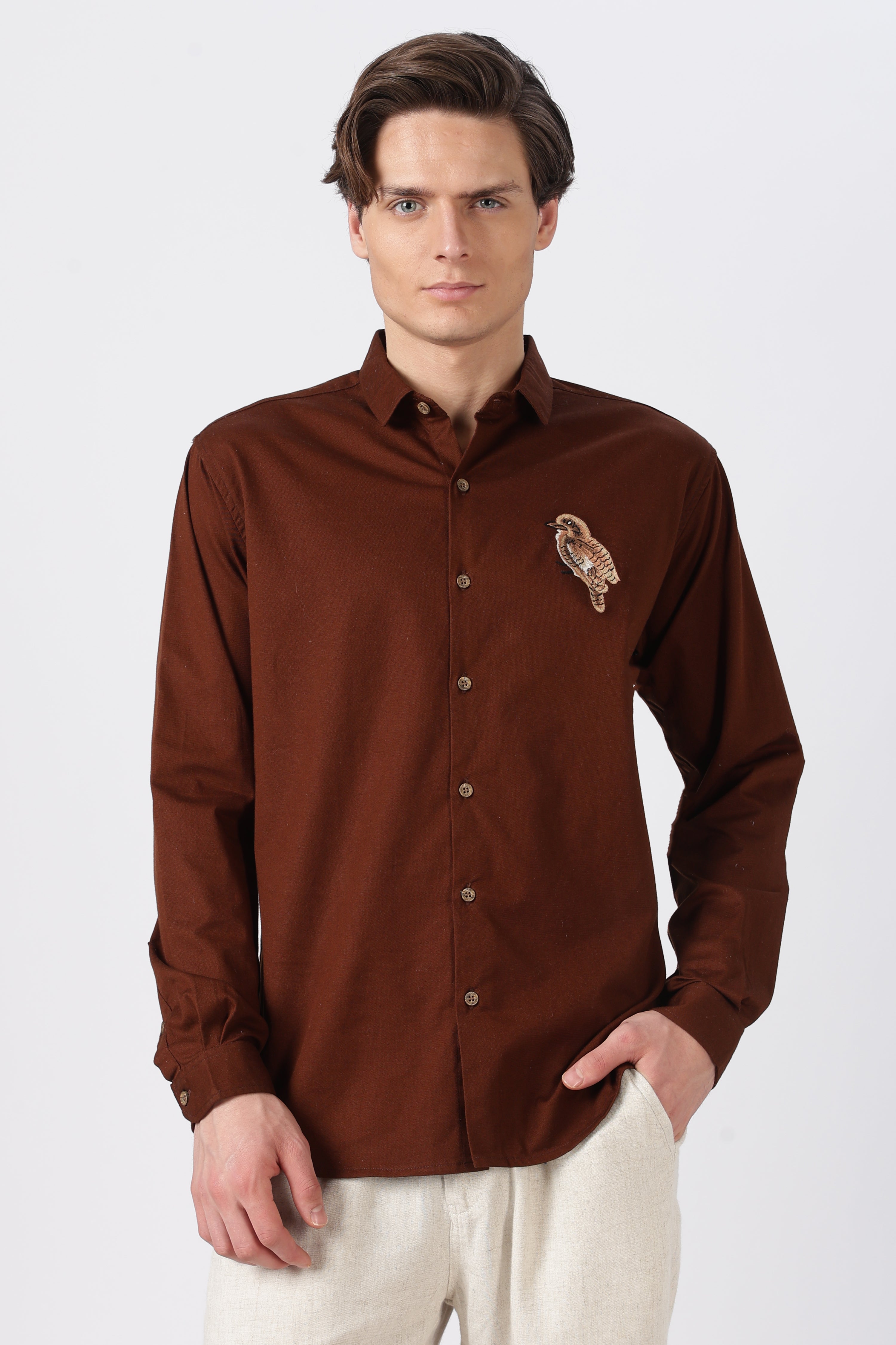 Woodland Bird Cotton Regular Fit Brown Embroidered Shirt