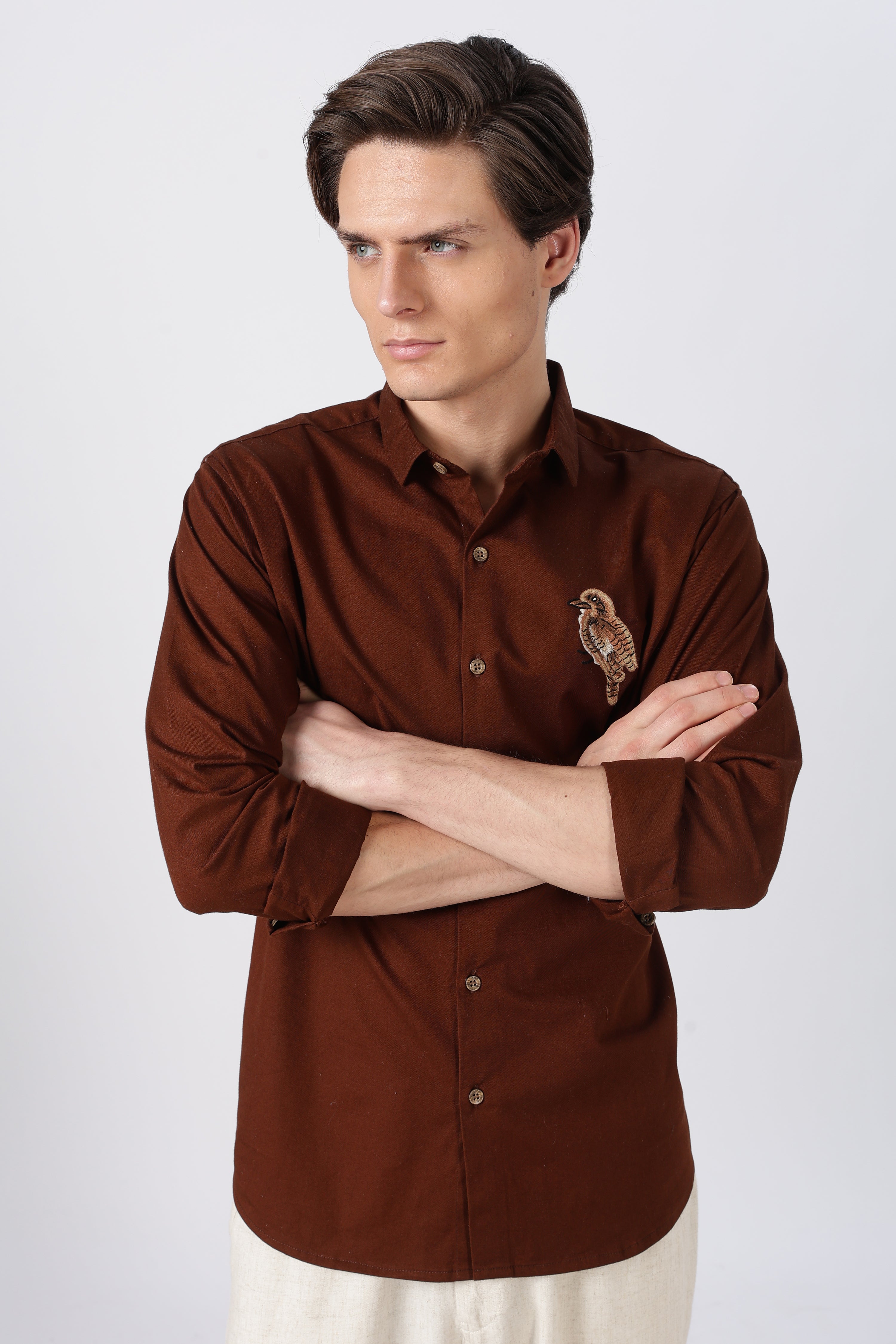 Woodland Bird Cotton Regular Fit Brown Embroidered Shirt