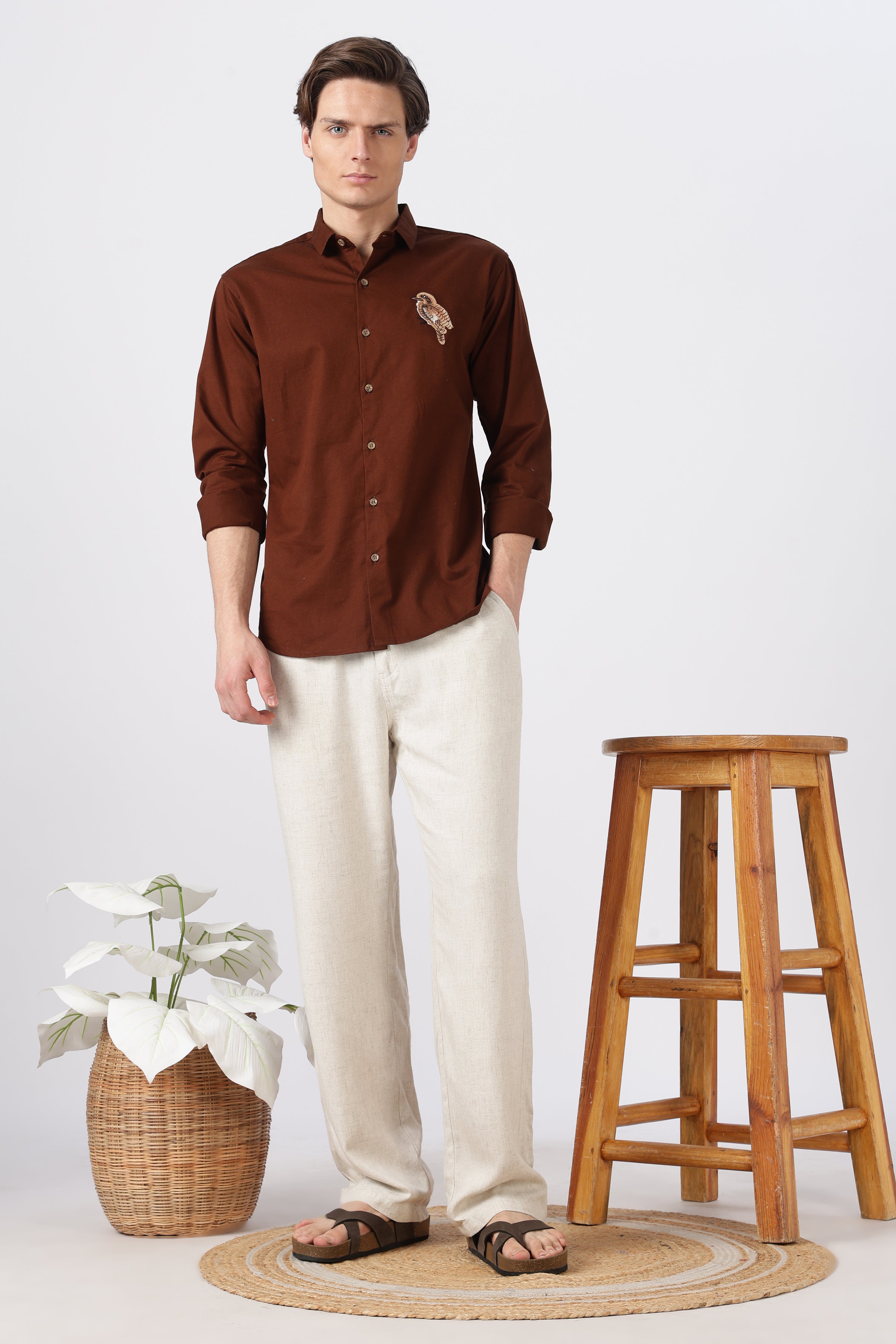 Woodland Bird Cotton Regular Fit Brown Embroidered Shirt