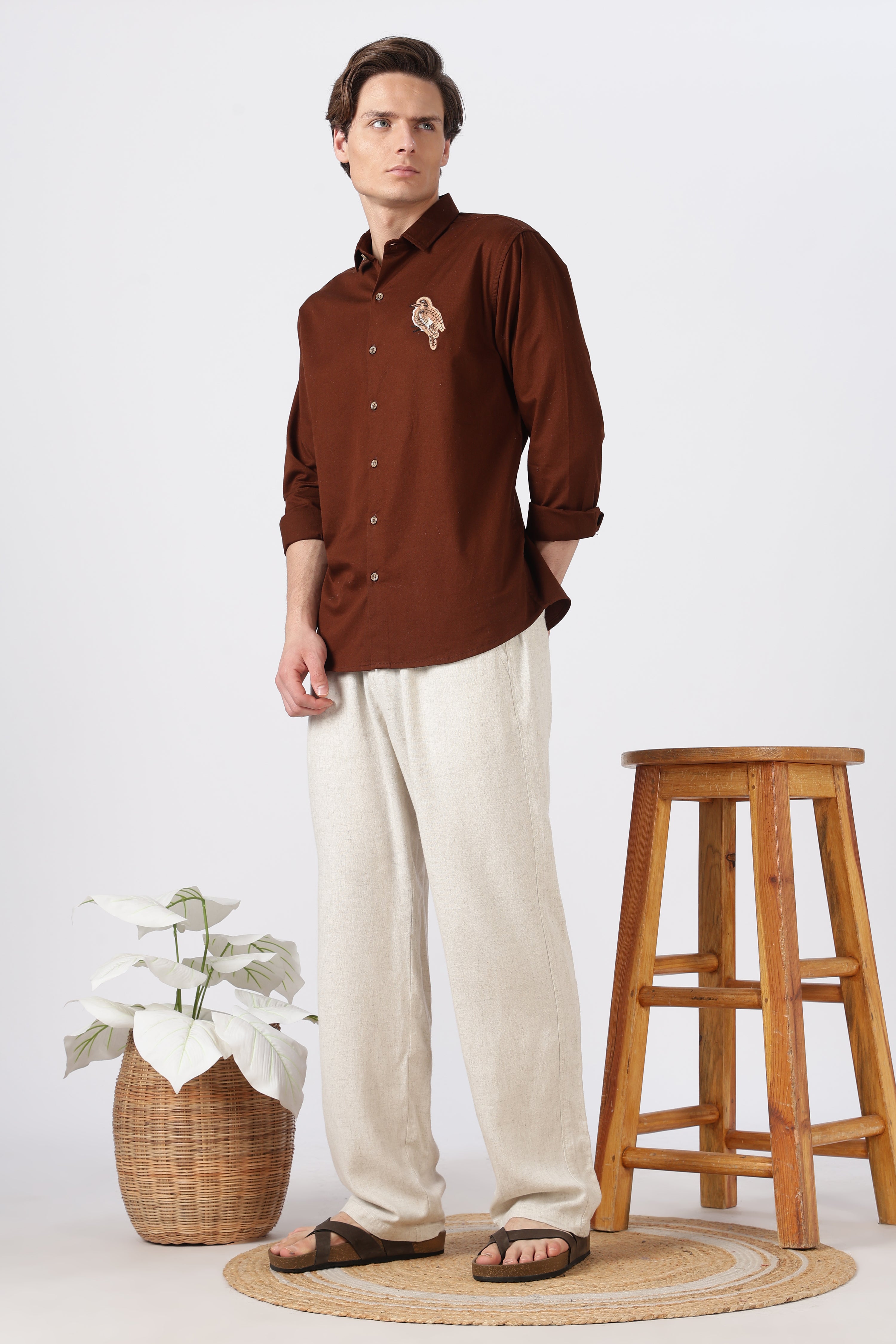 Woodland Bird Cotton Regular Fit Brown Embroidered Shirt