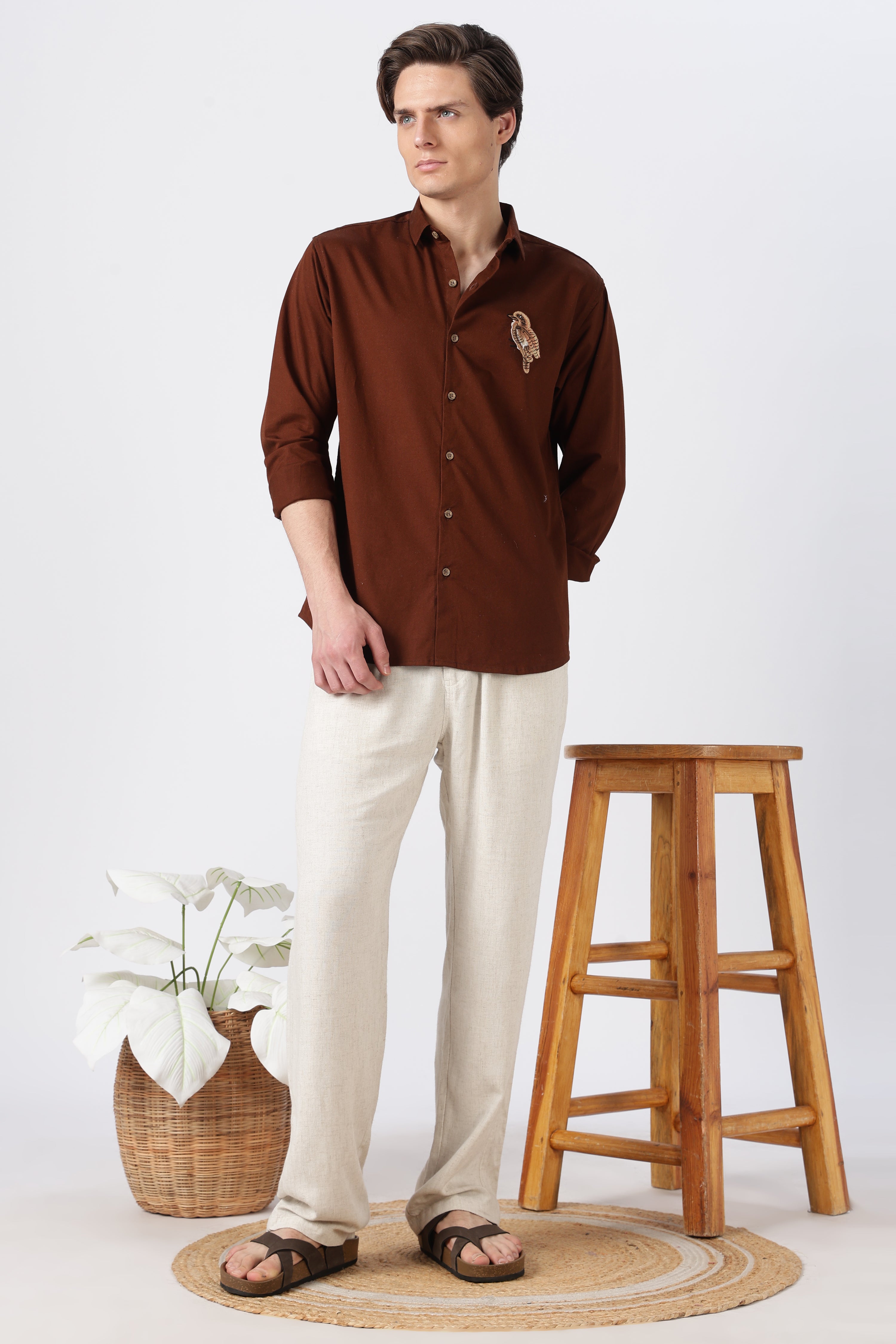 Woodland Bird Cotton Regular Fit Brown Embroidered Shirt