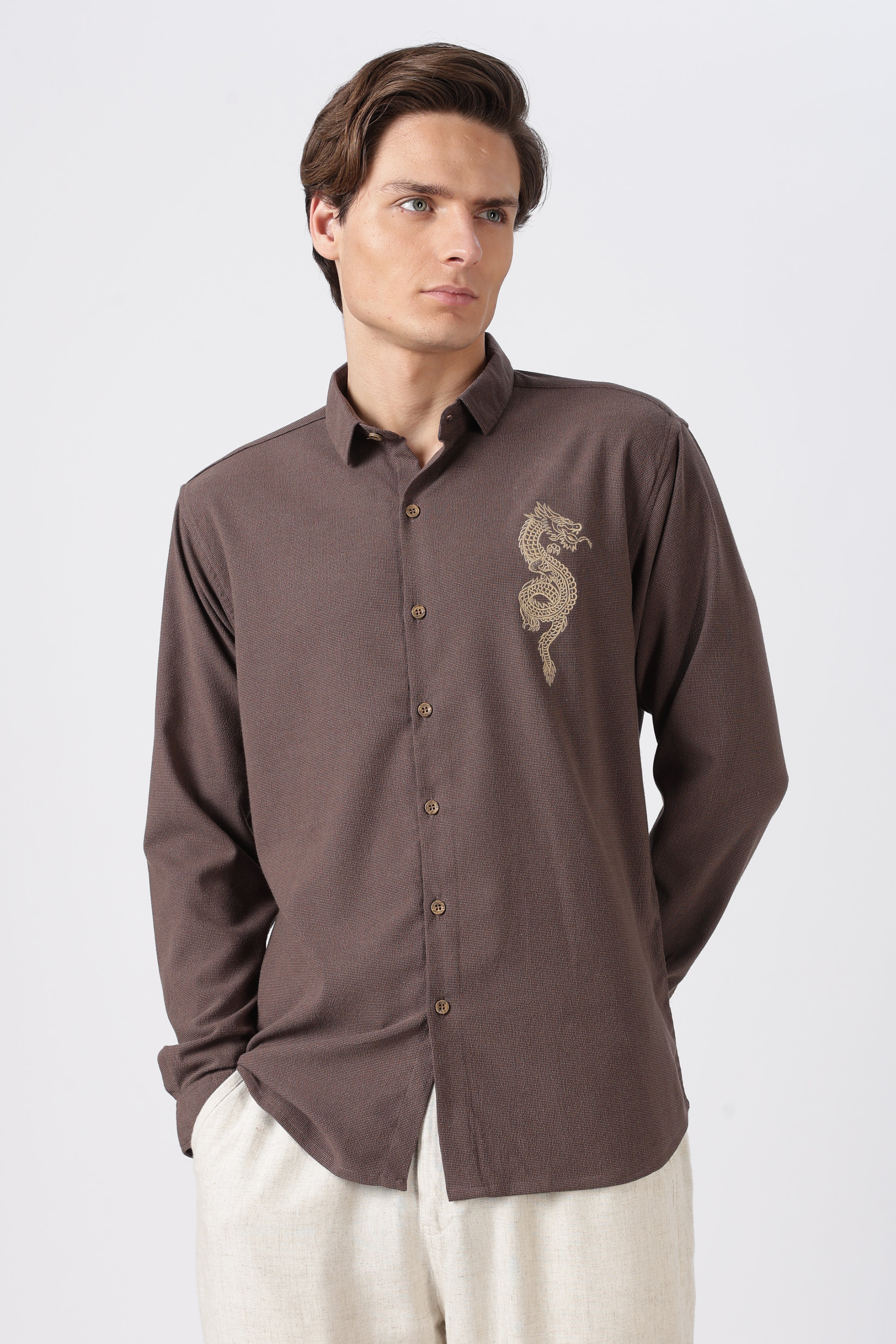 Imperial Dragon Cotton Regular Fit Brown Embroidered Shirt