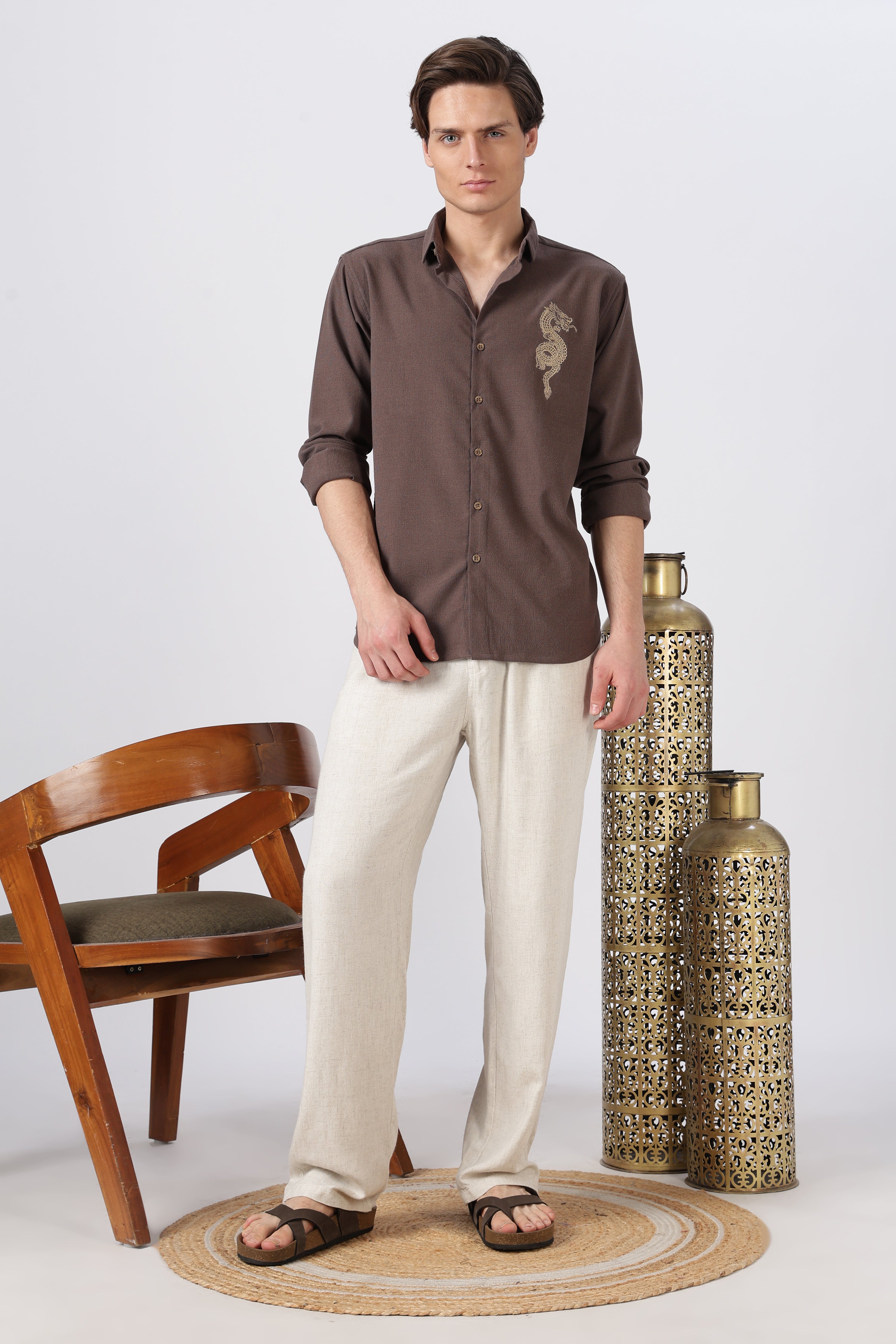 Imperial Dragon Cotton Regular Fit Brown Embroidered Shirt