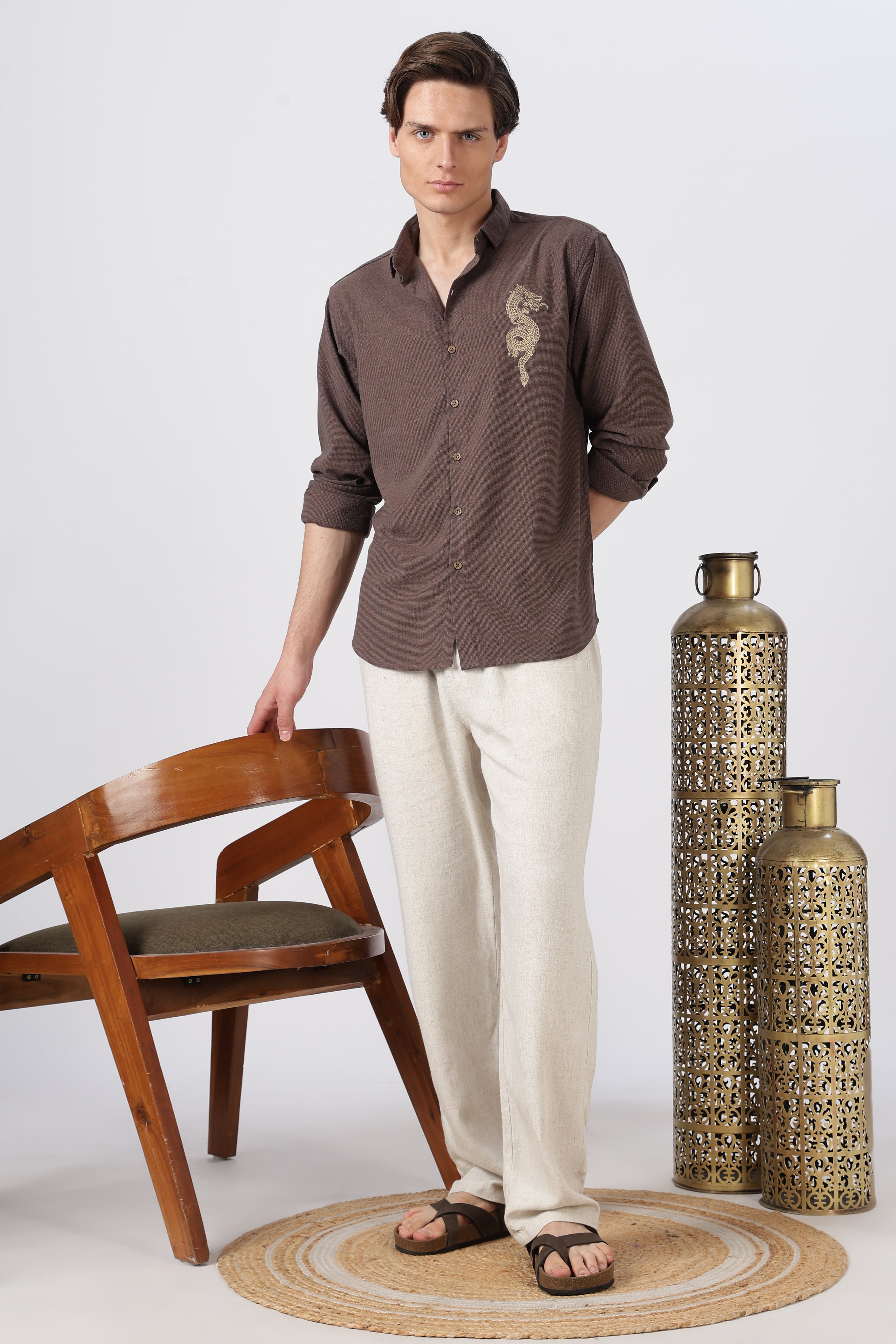Imperial Dragon Cotton Regular Fit Brown Embroidered Shirt