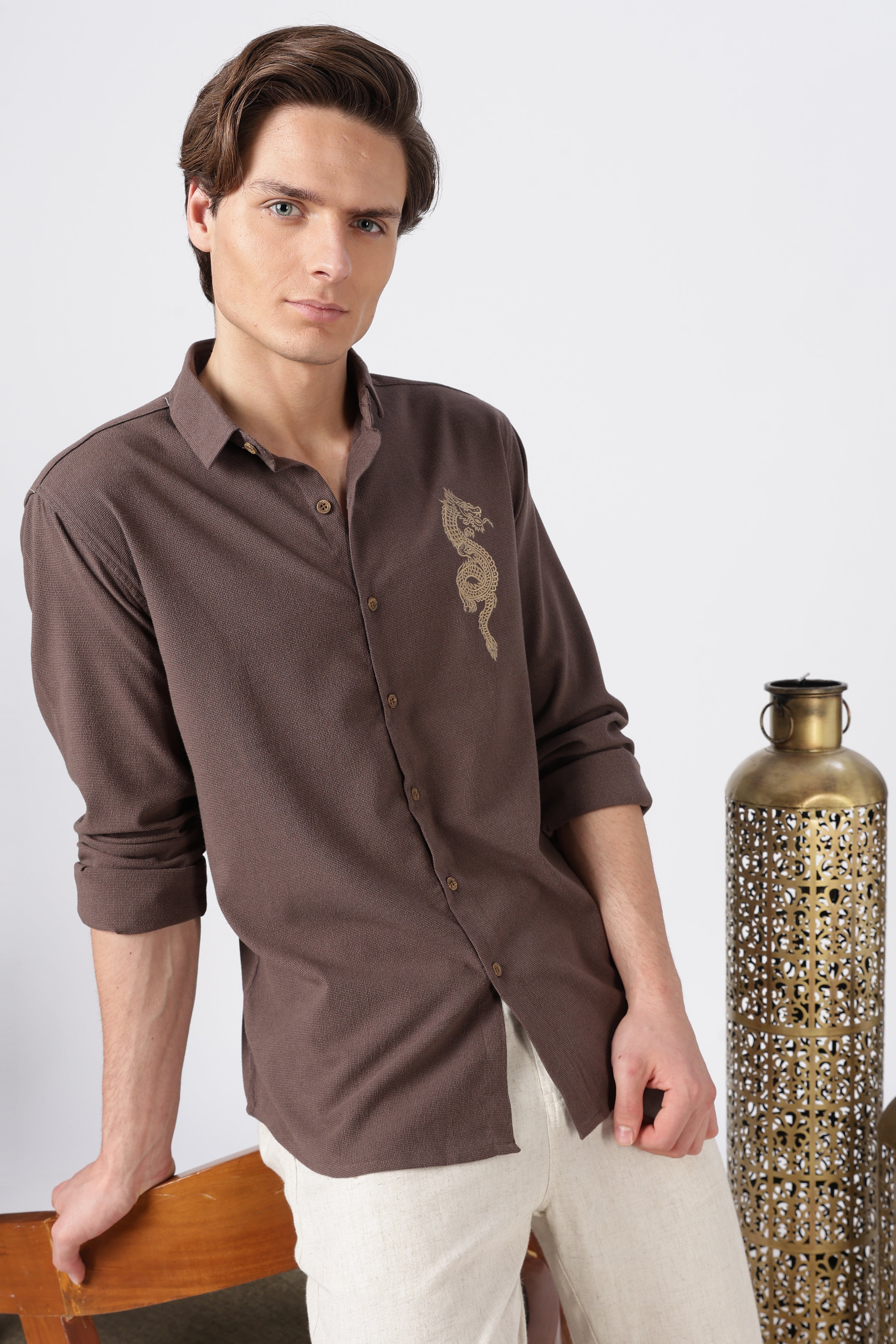 Imperial Dragon Cotton Regular Fit Brown Embroidered Shirt