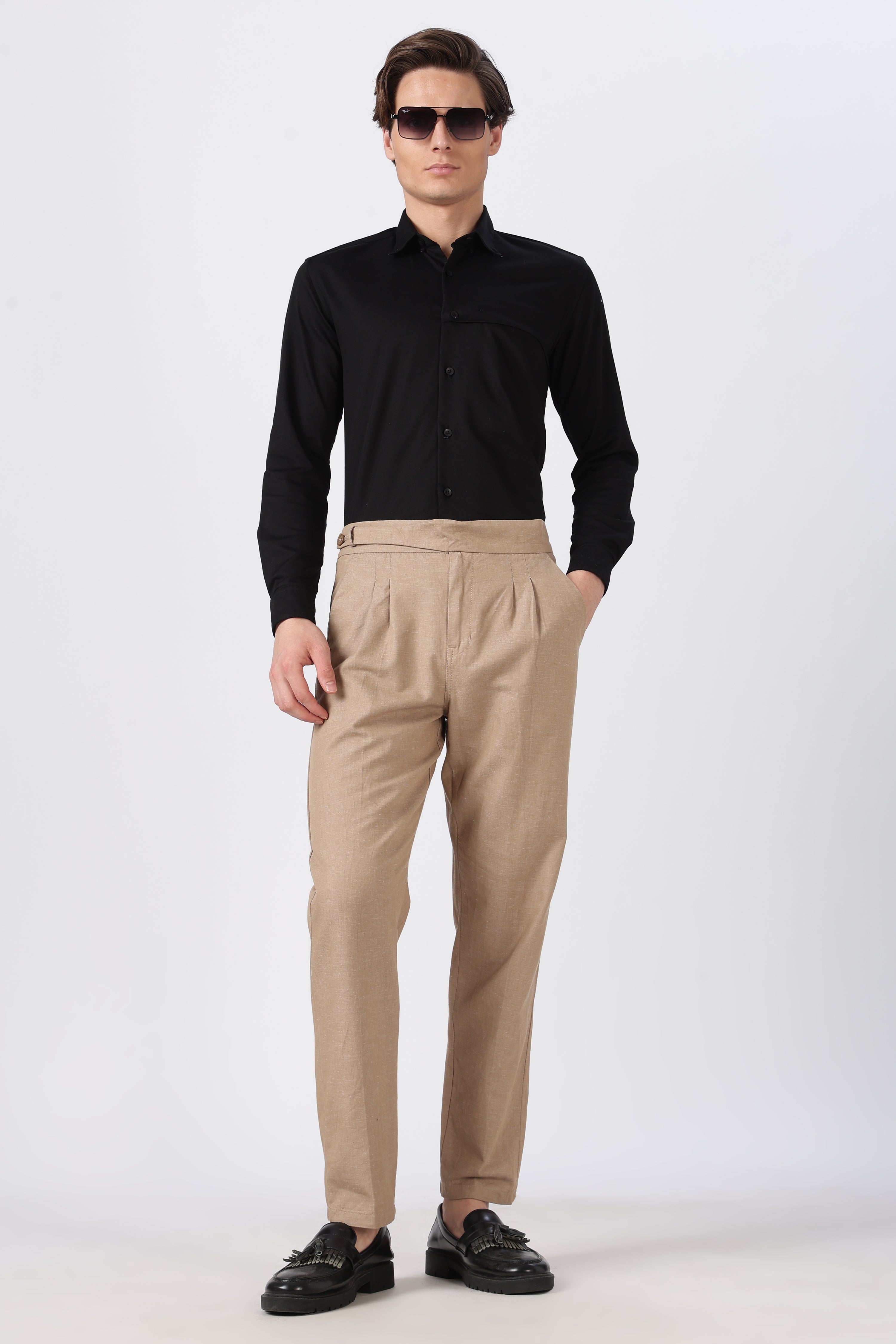 Italian Style Khaki Pleated Straight Fit Pants