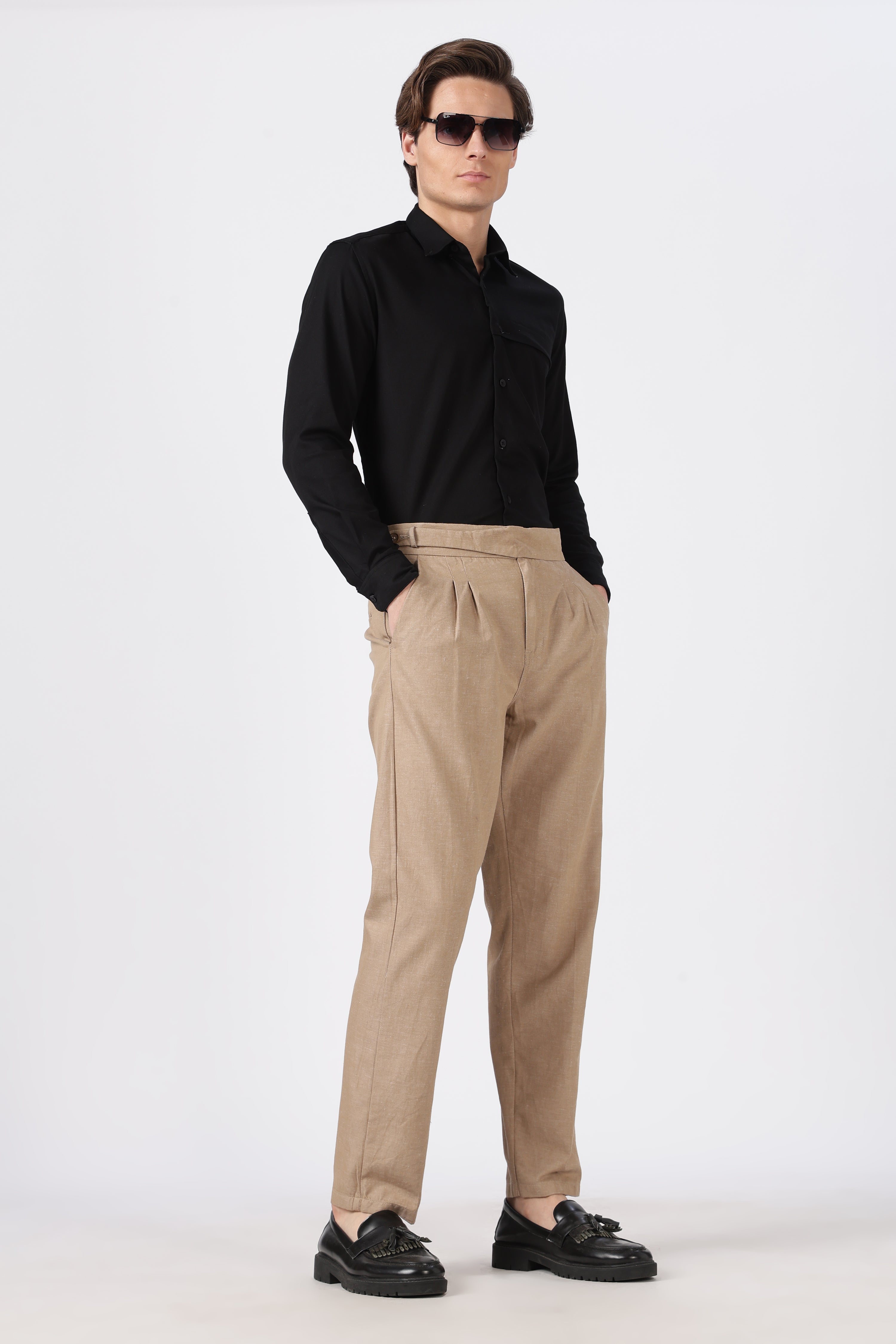 Italian Style Khaki Pleated Straight Fit Pants