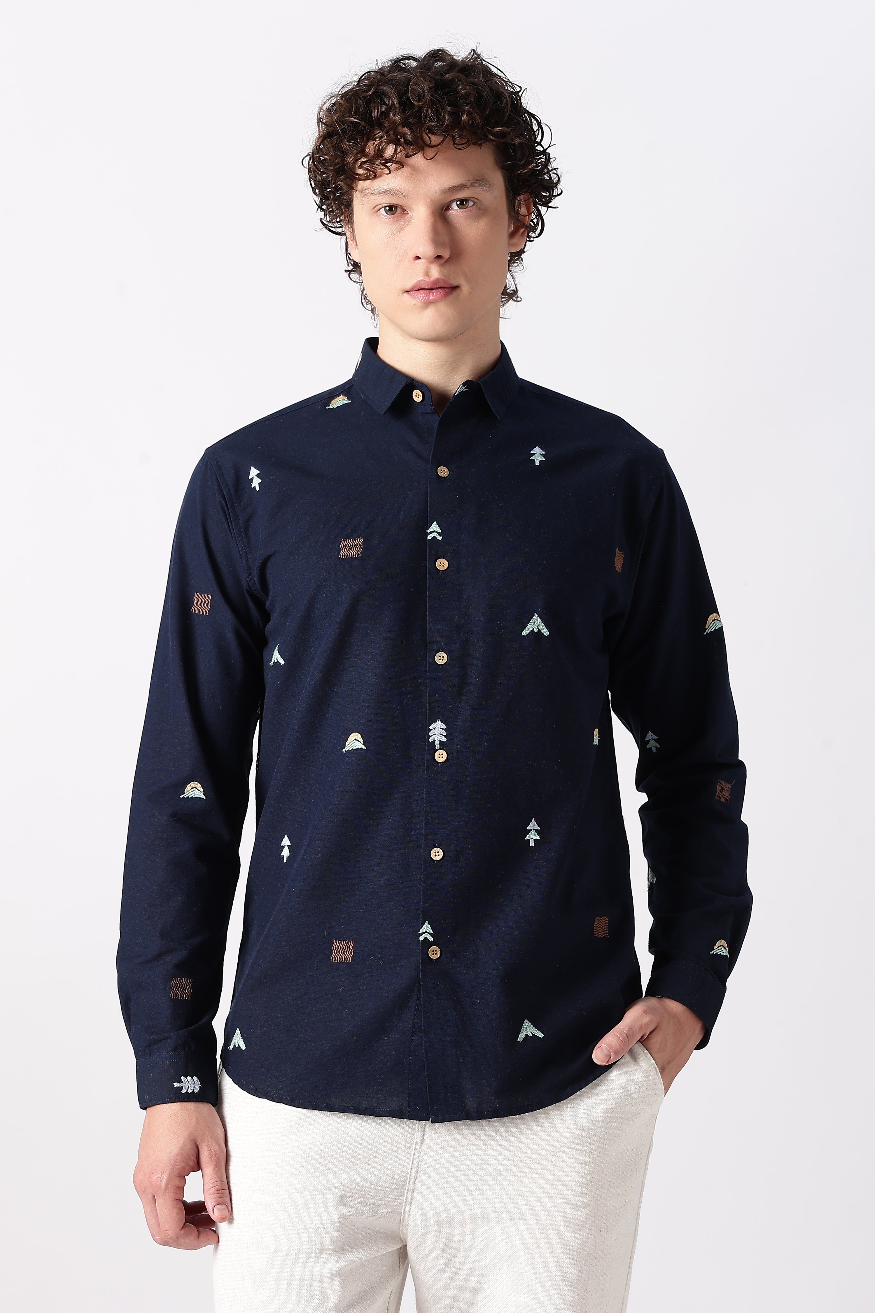 Forest Peaks Navy Embroidered Cotton Shirt