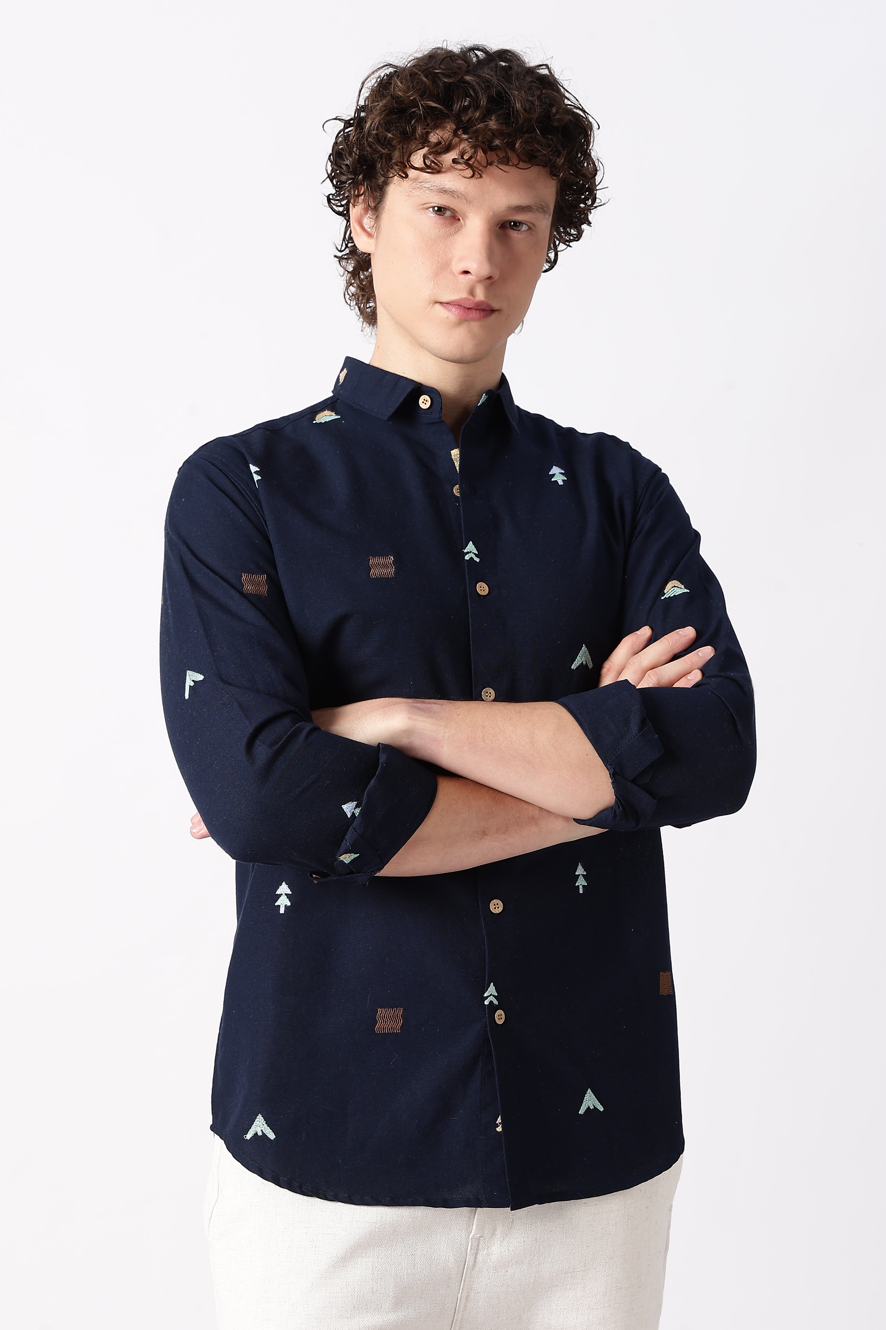 Forest Peaks Navy Embroidered Cotton Shirt