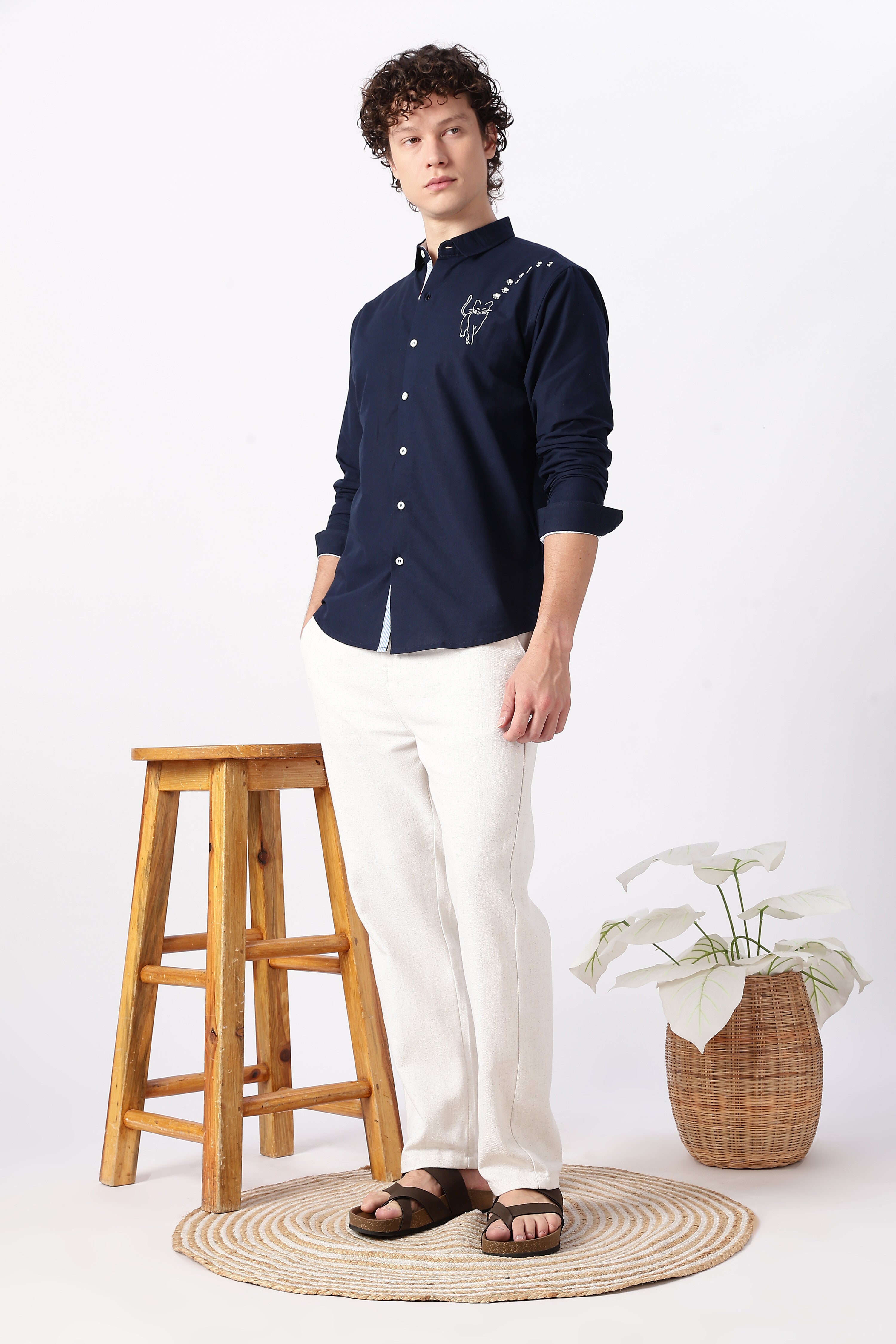 Playful Cat Cotton Regular Fit Blue Embroidered Shirt