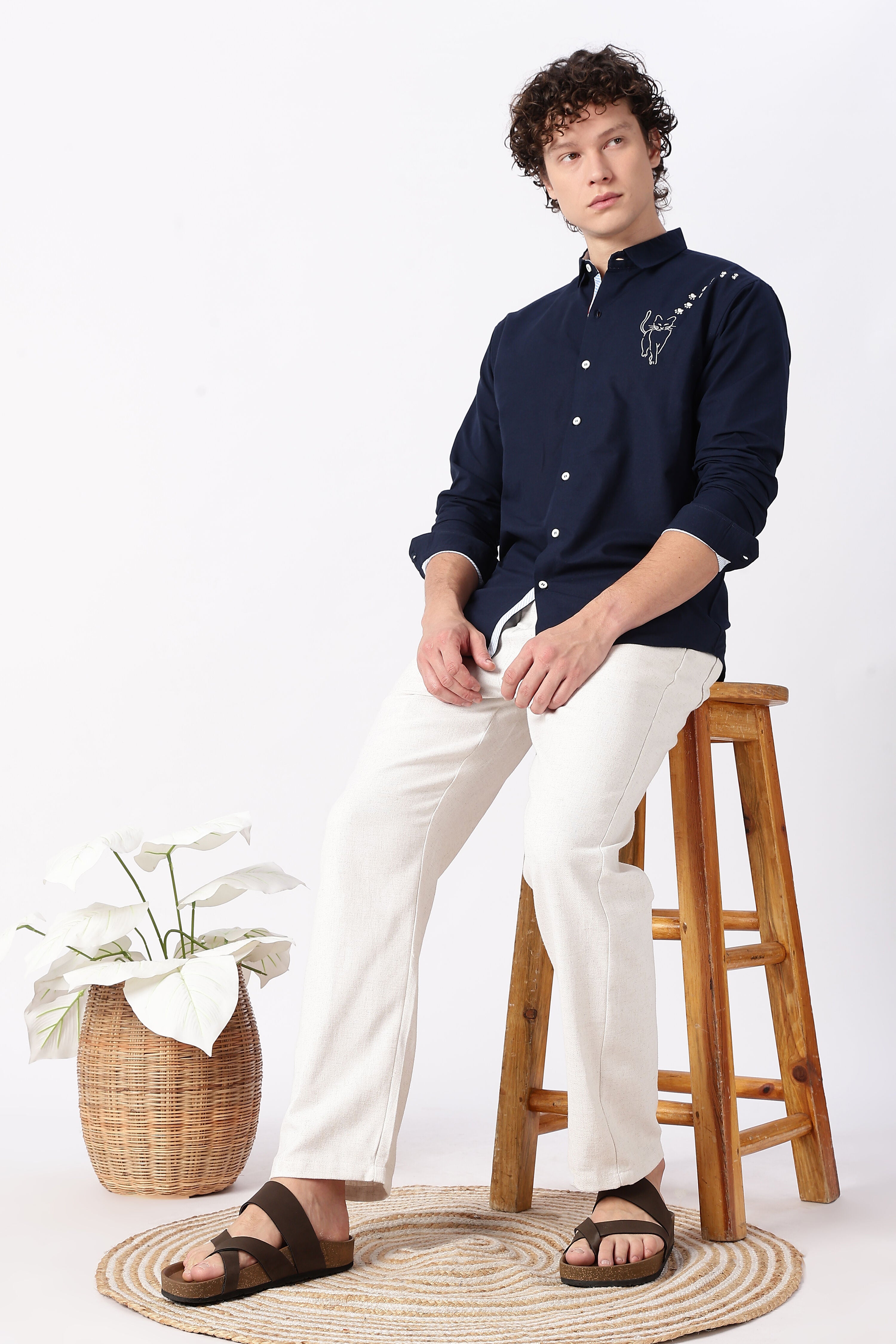 Playful Cat Cotton Regular Fit Blue Embroidered Shirt
