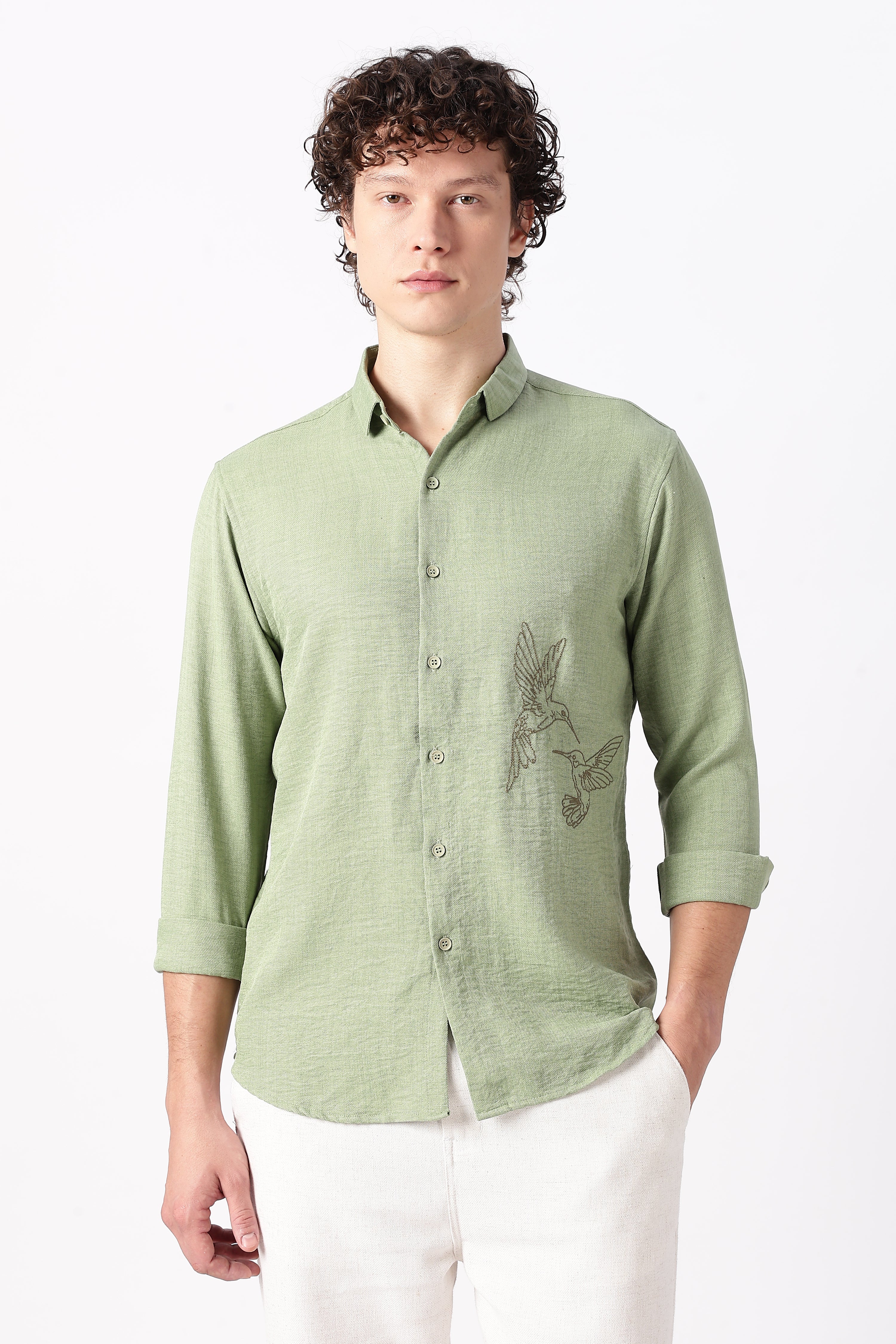 Humming(way) Birds Vienna Cotton Regular Fit Green Embroidery Shirt