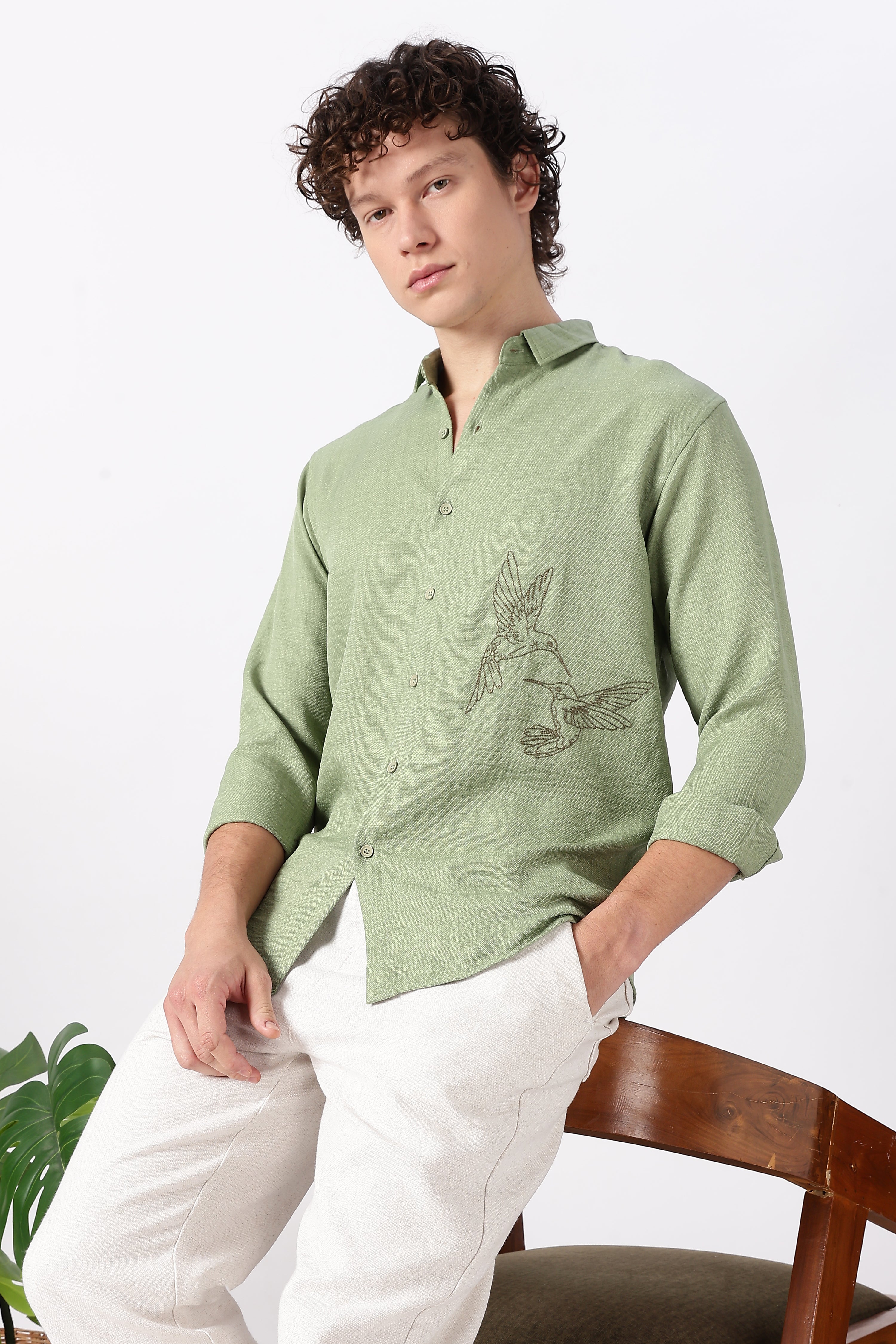 Humming(way) Birds Vienna Cotton Regular Fit Green Embroidery Shirt