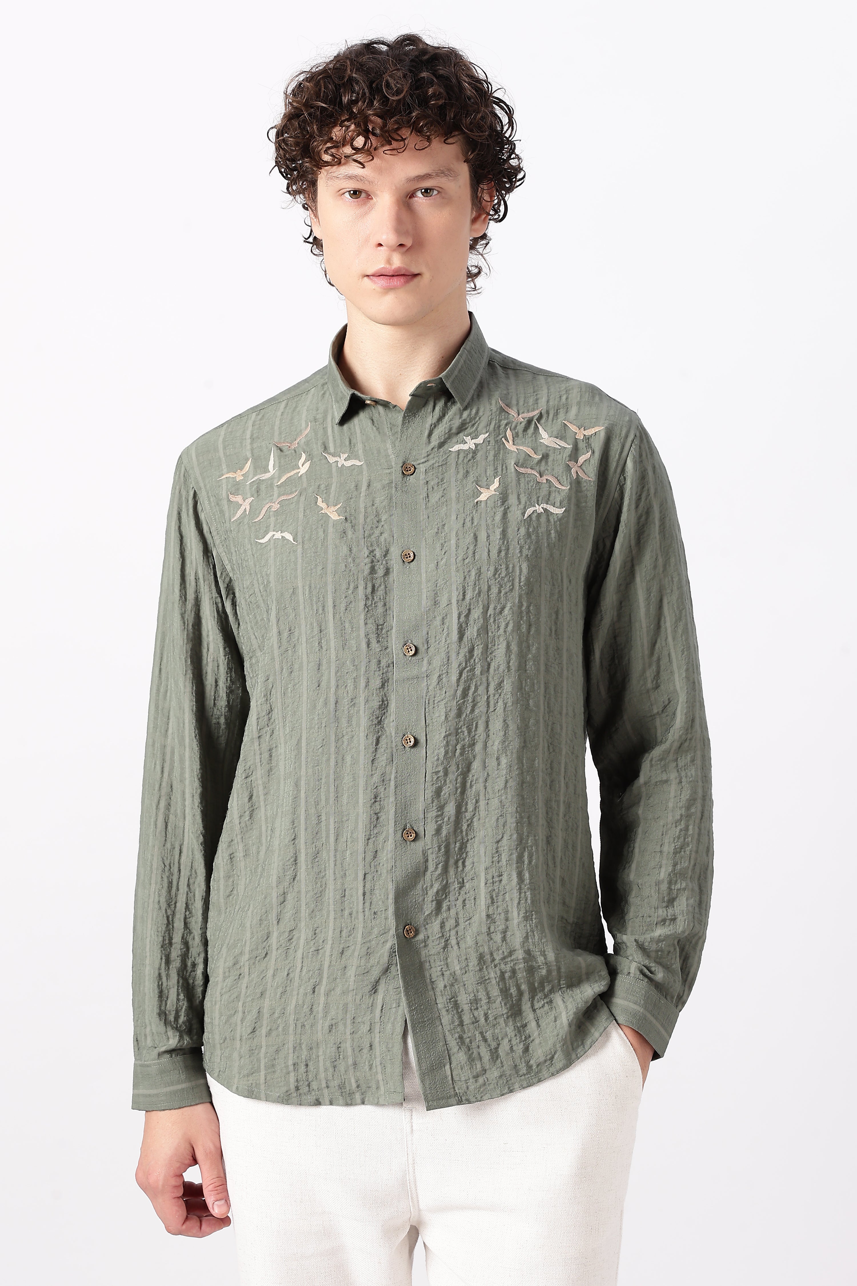 Internet's Viral Cotton Regular Fit Olive Embroidered Shirt