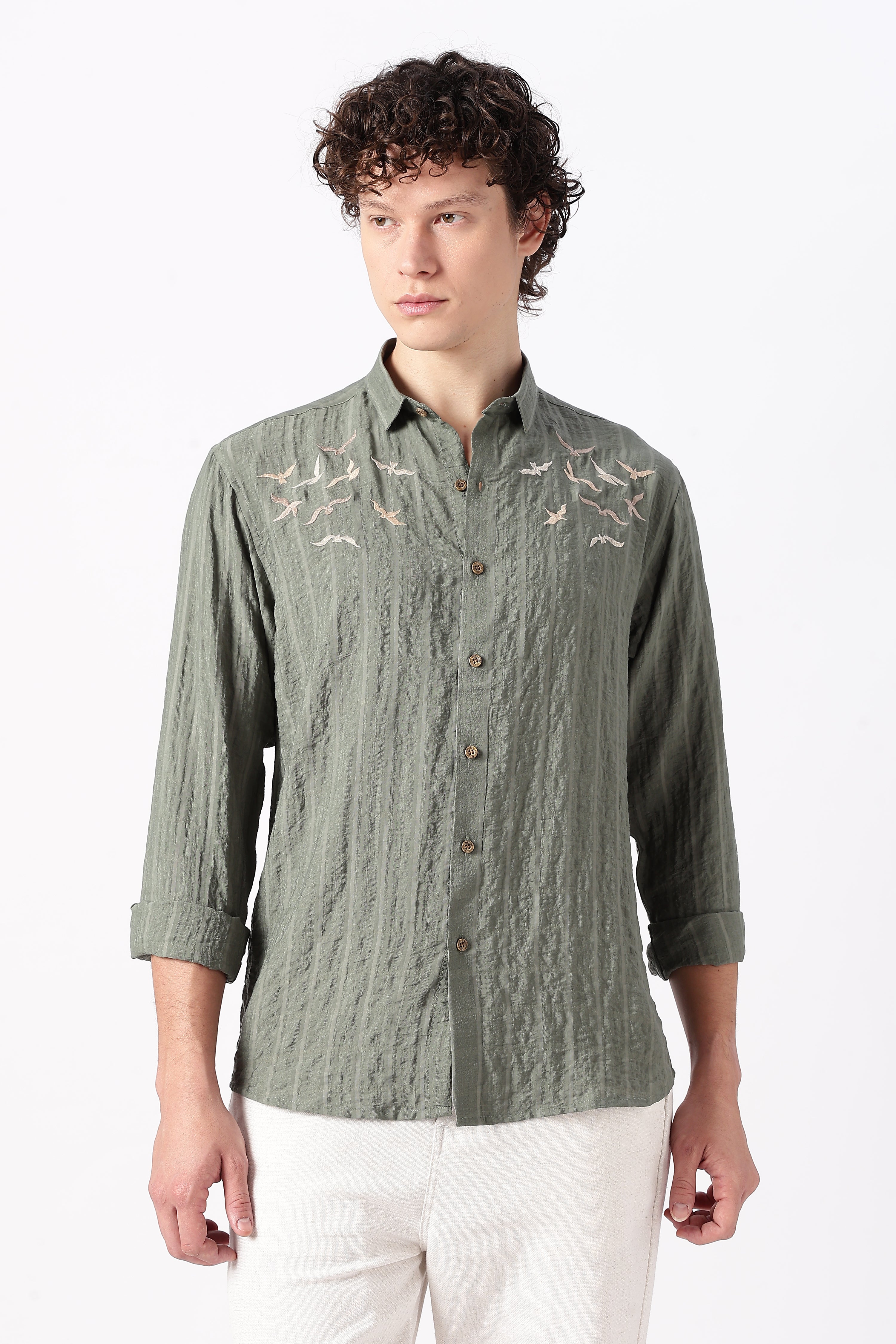 Internet's Viral Cotton Regular Fit Olive Embroidered Shirt