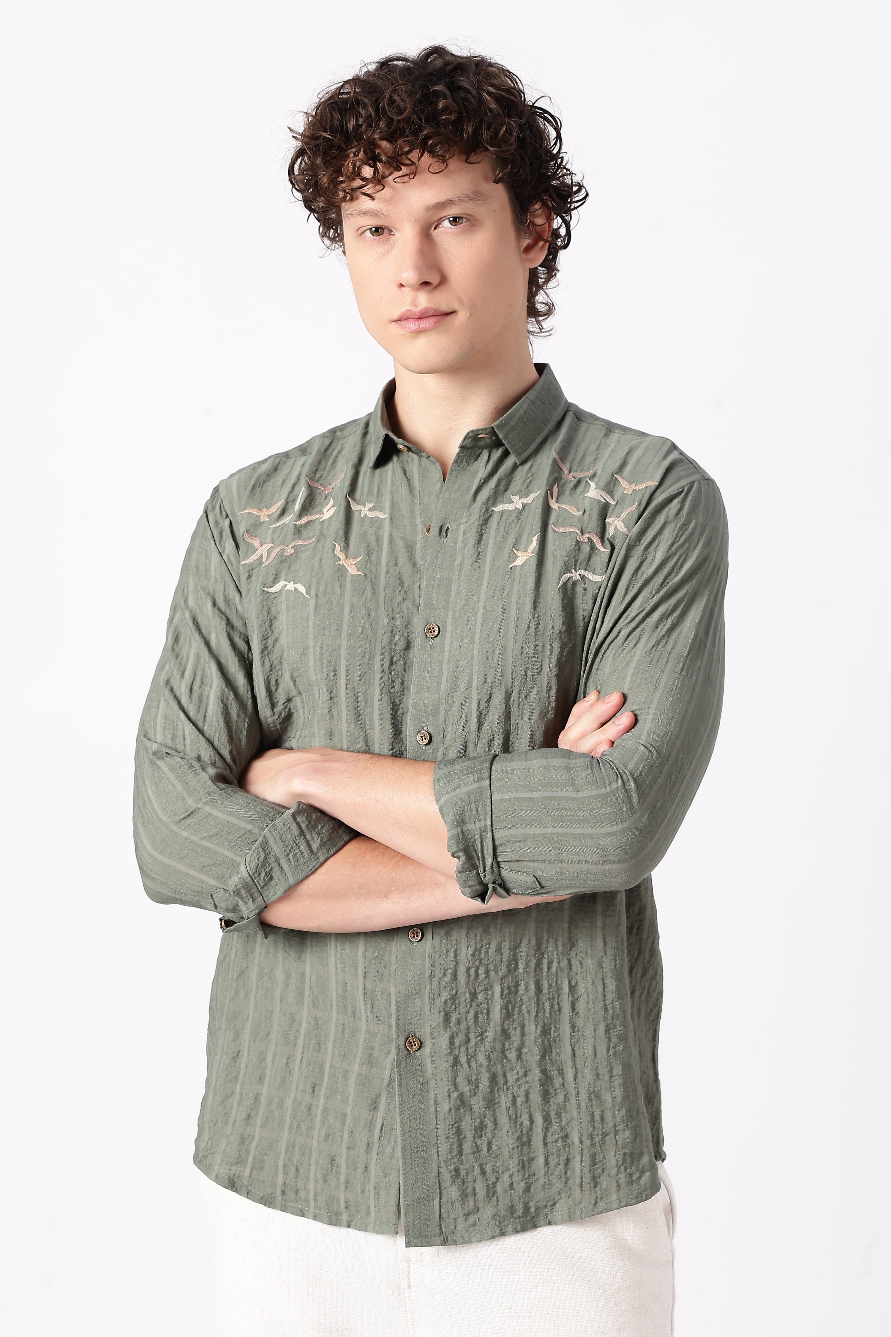 Internet's Viral Cotton Regular Fit Olive Embroidered Shirt