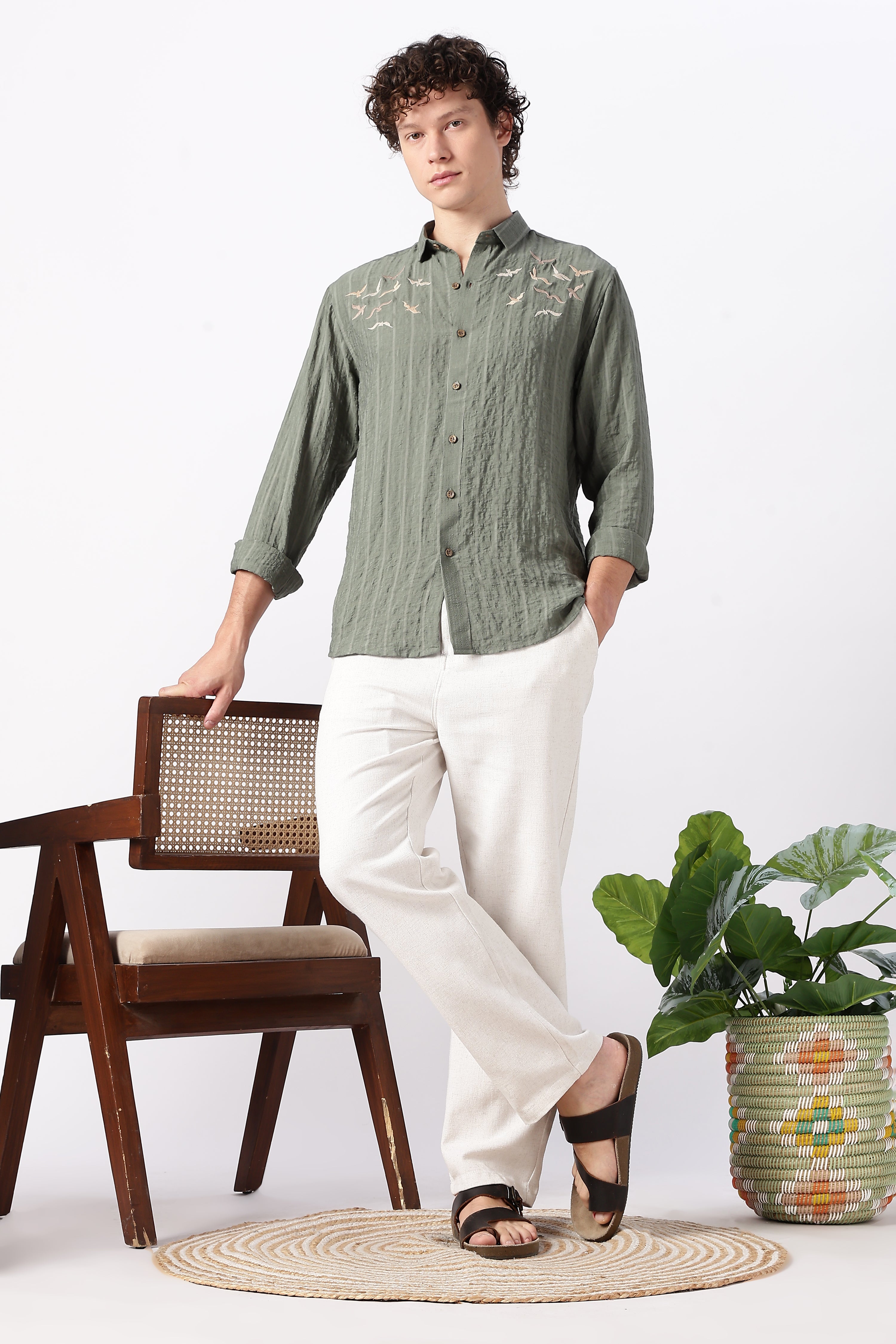 Internet's Viral Cotton Regular Fit Olive Embroidered Shirt