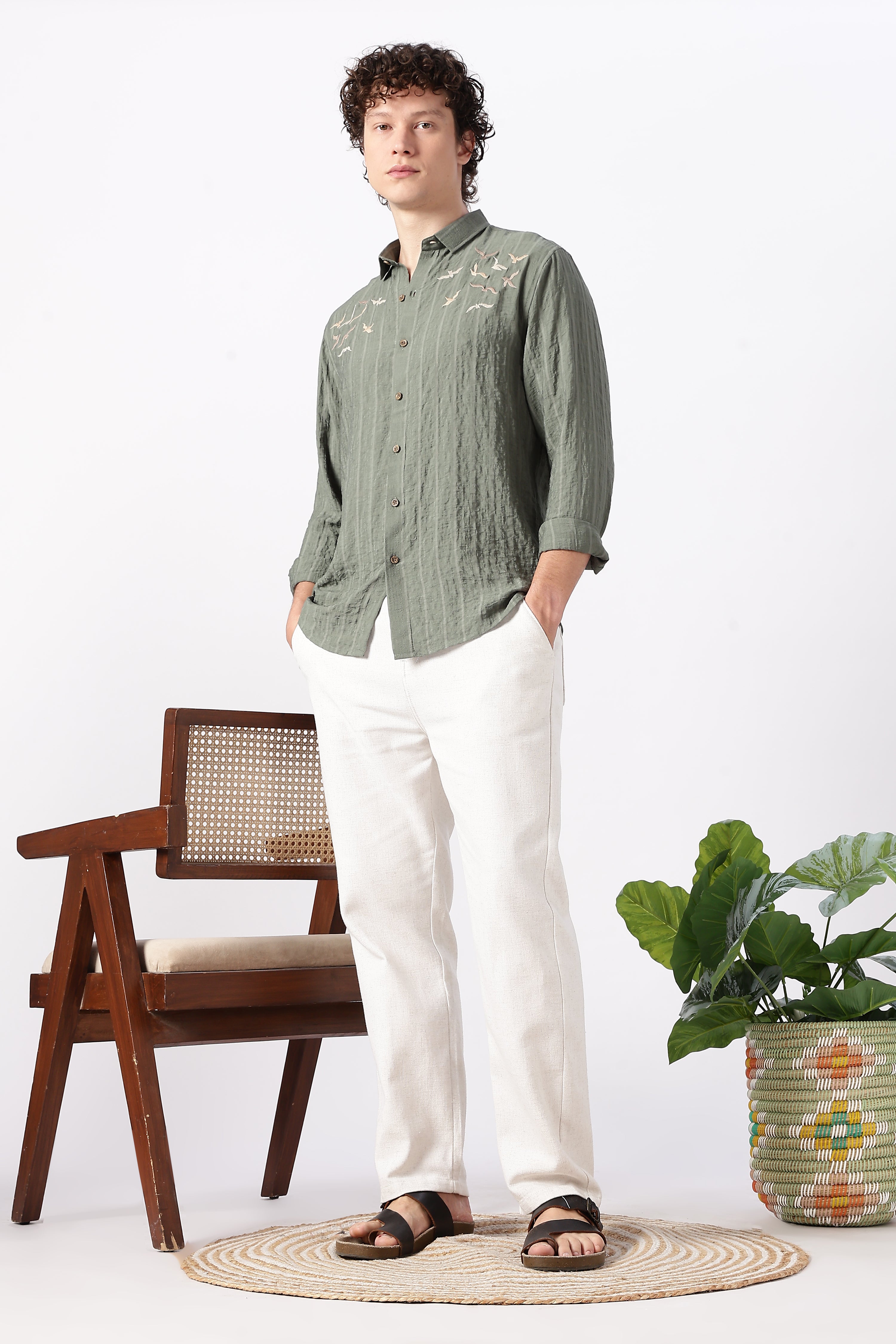 Internet's Viral Cotton Regular Fit Olive Embroidered Shirt