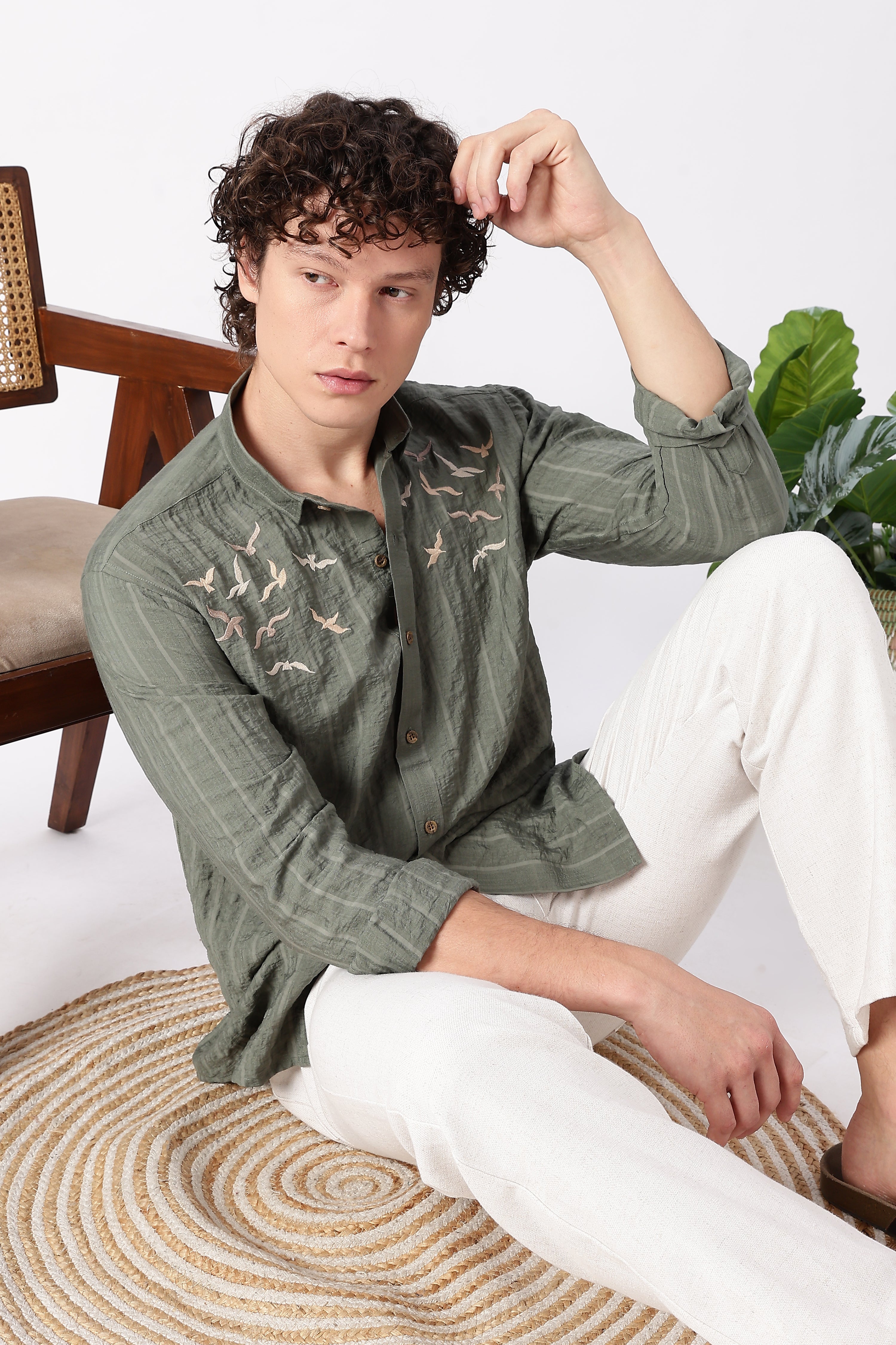 Internet's Viral Cotton Regular Fit Olive Embroidered Shirt