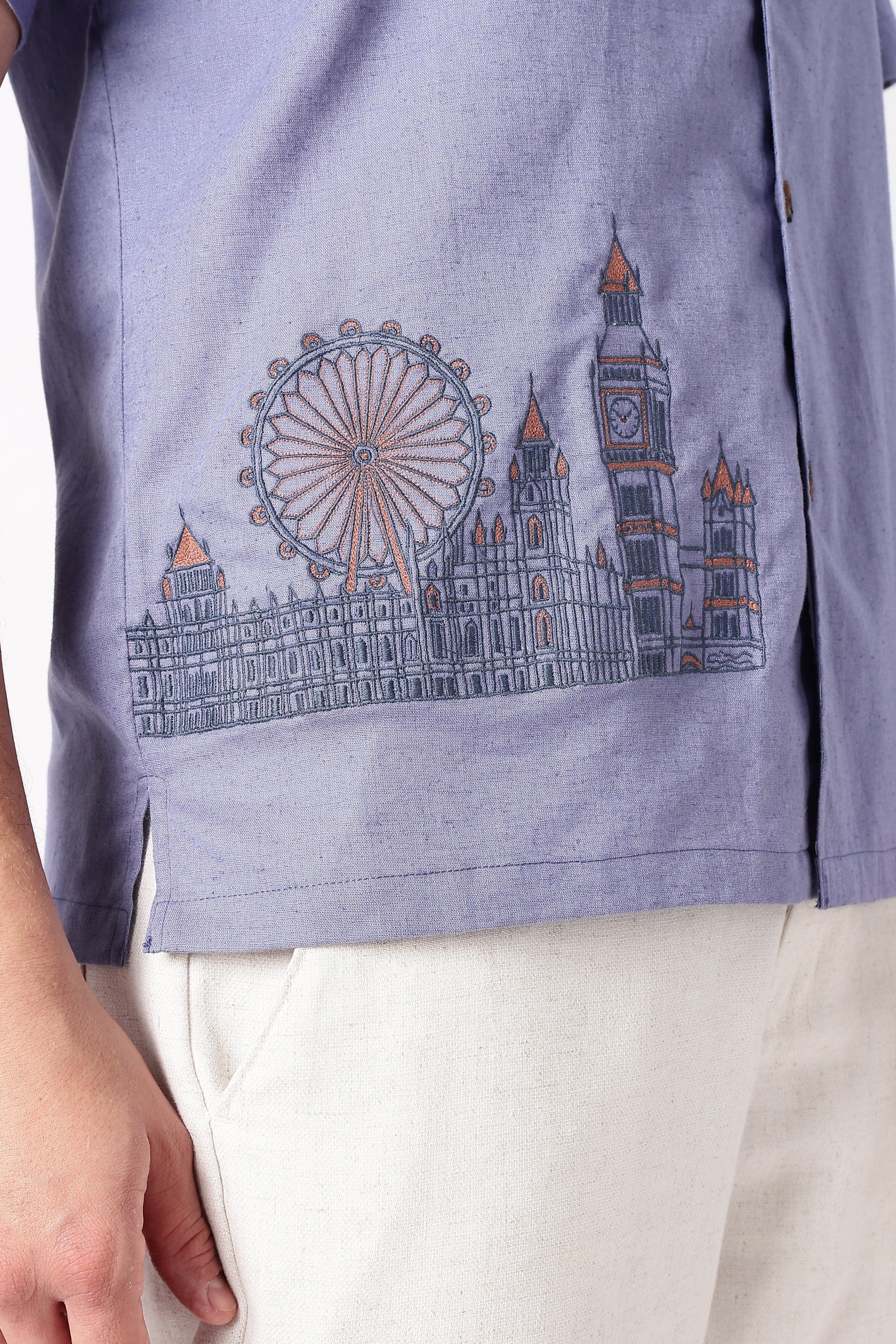 London Life Cotton Box Fit Beige Embroidered Shirt