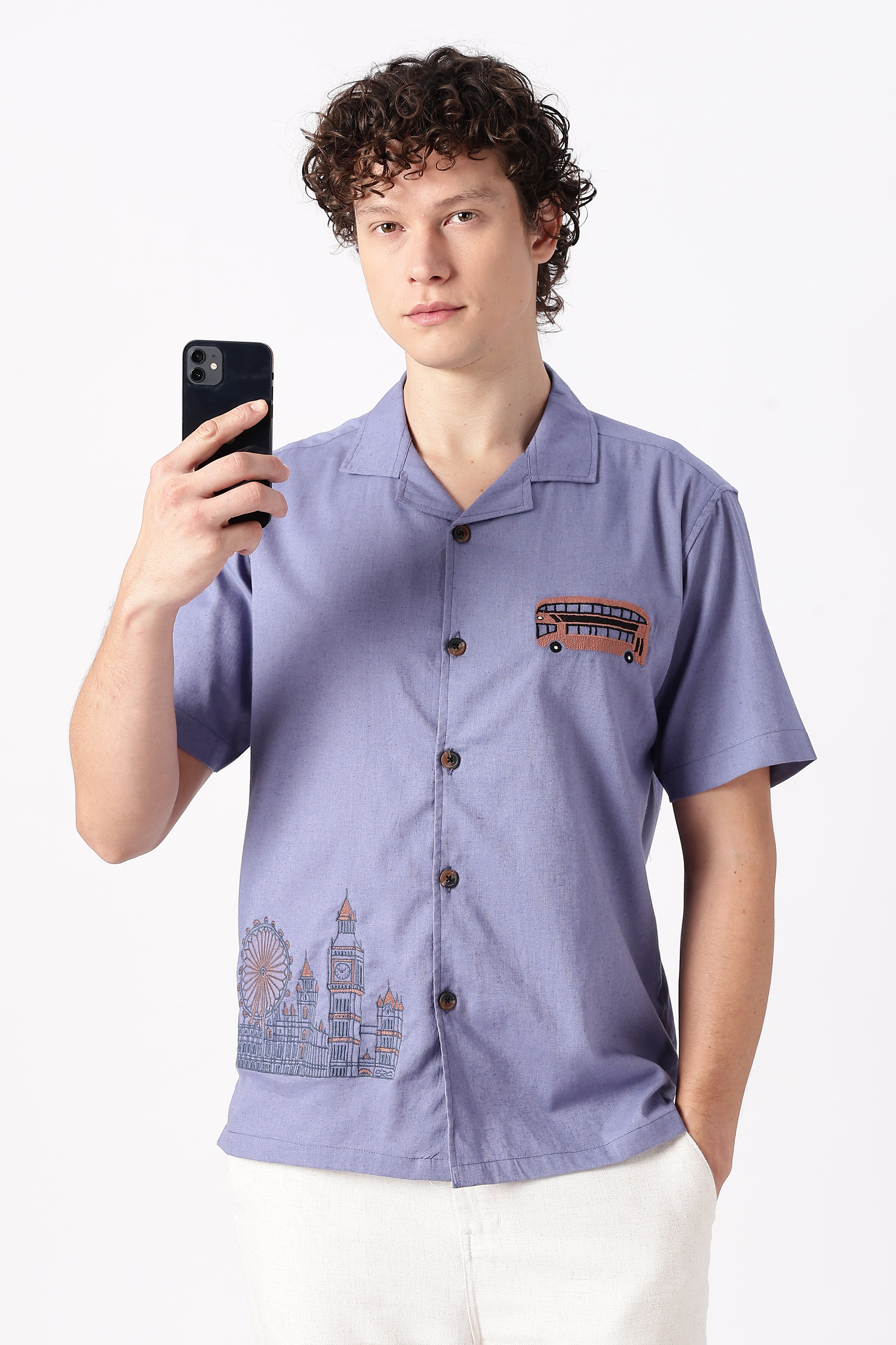 London Life Cotton Box Fit Beige Embroidered Shirt