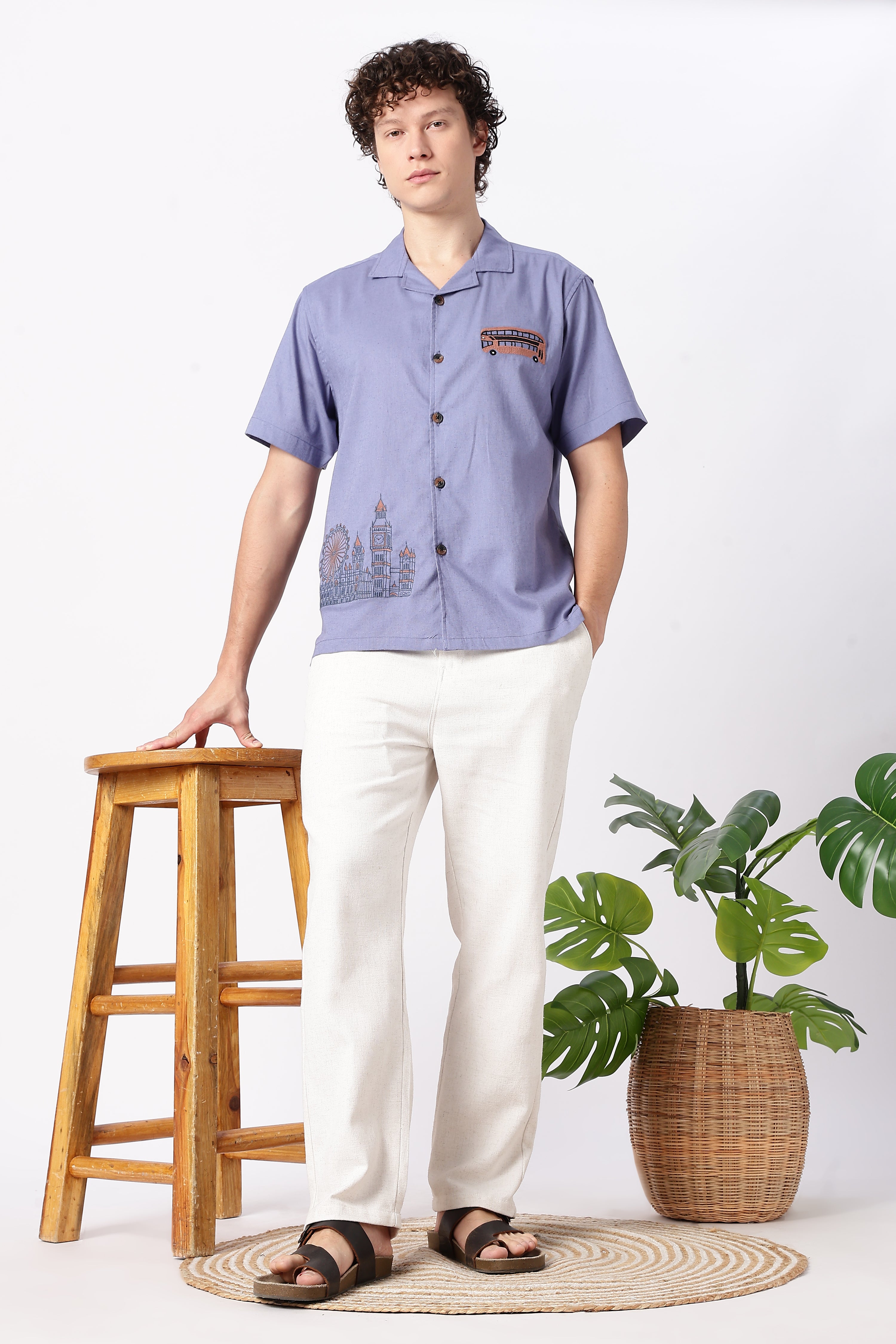 London Life Cotton Box Fit Beige Embroidered Shirt