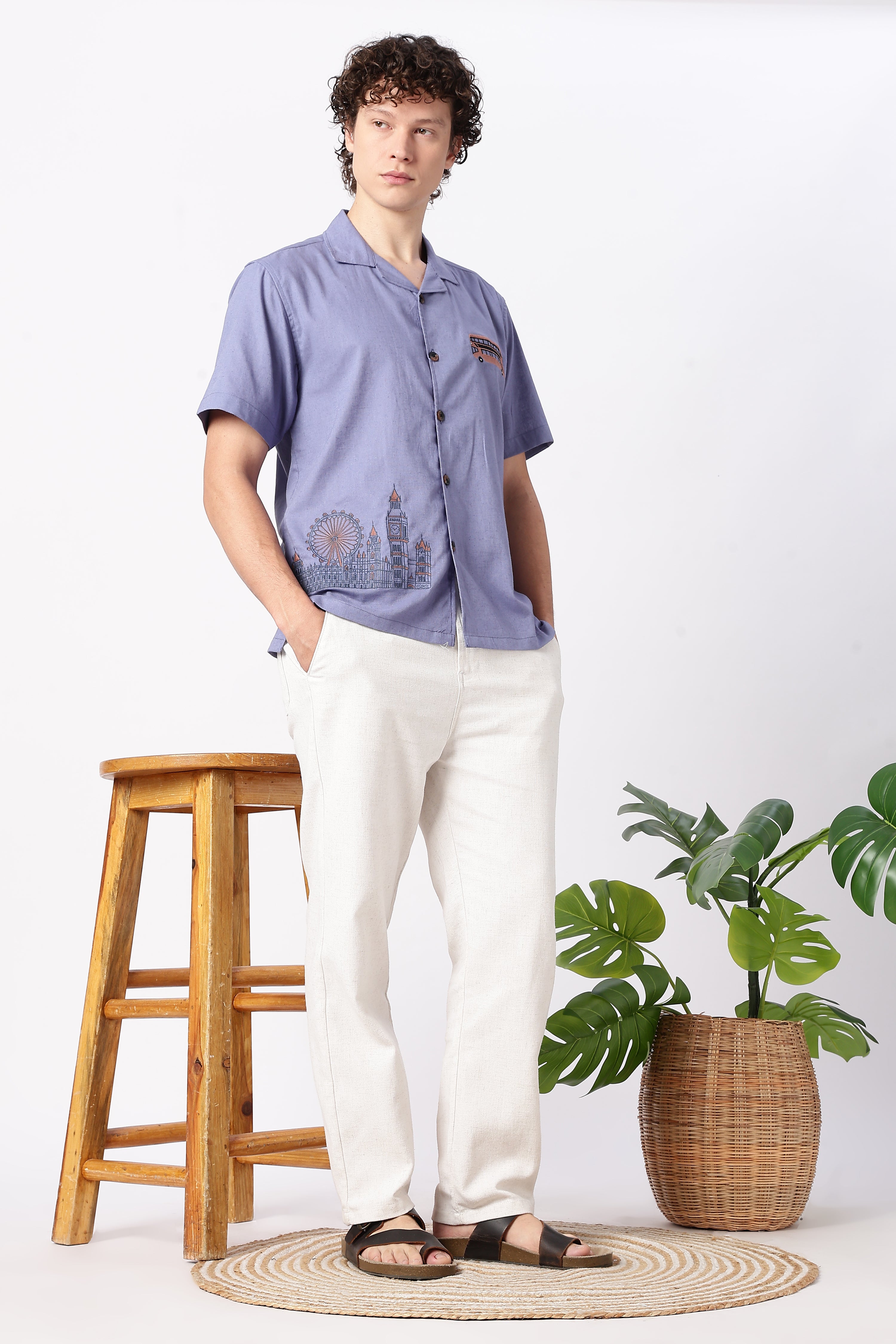 London Life Cotton Box Fit Beige Embroidered Shirt