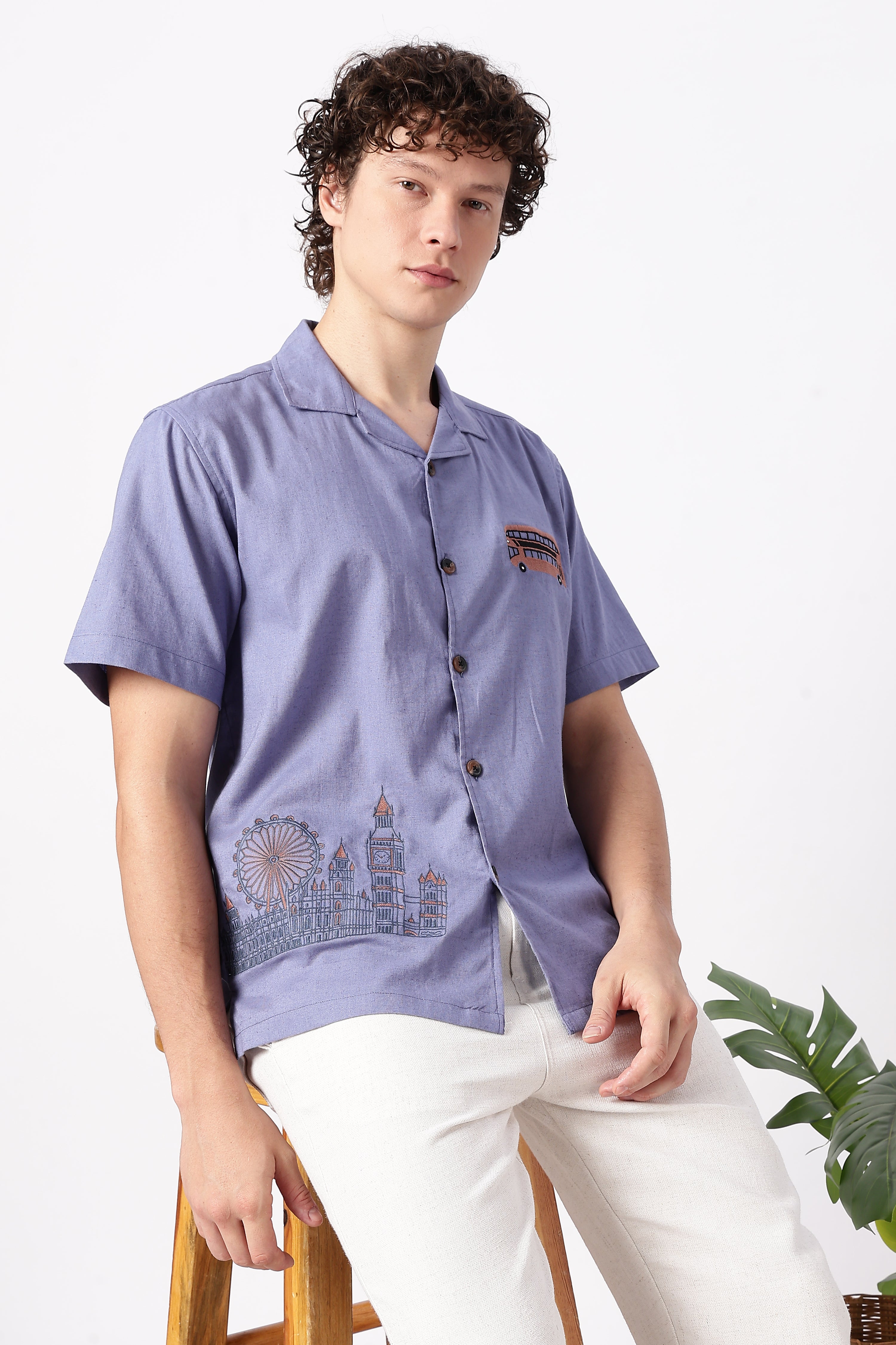 London Life Cotton Box Fit Beige Embroidered Shirt