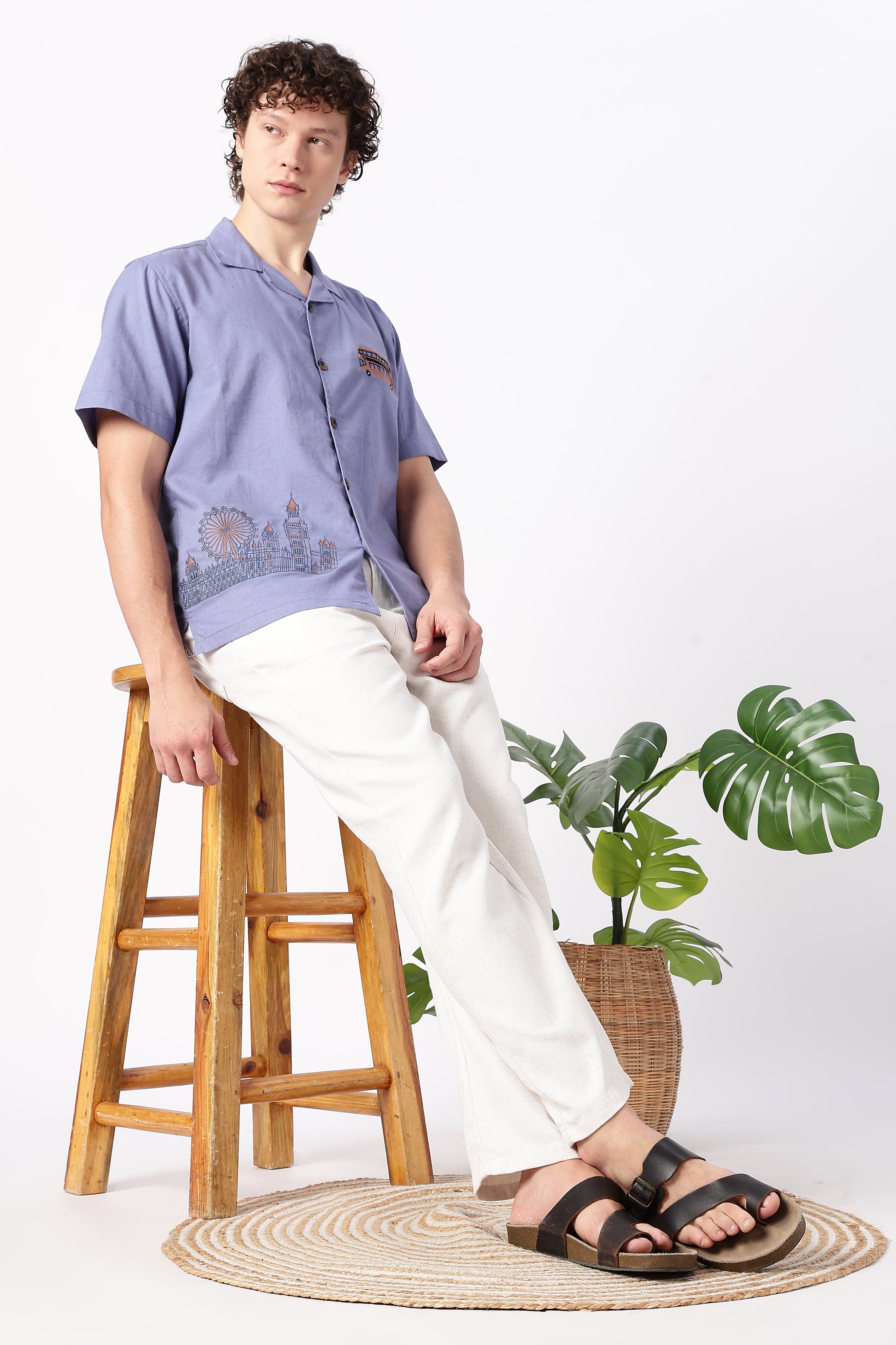 London Life Cotton Box Fit Beige Embroidered Shirt